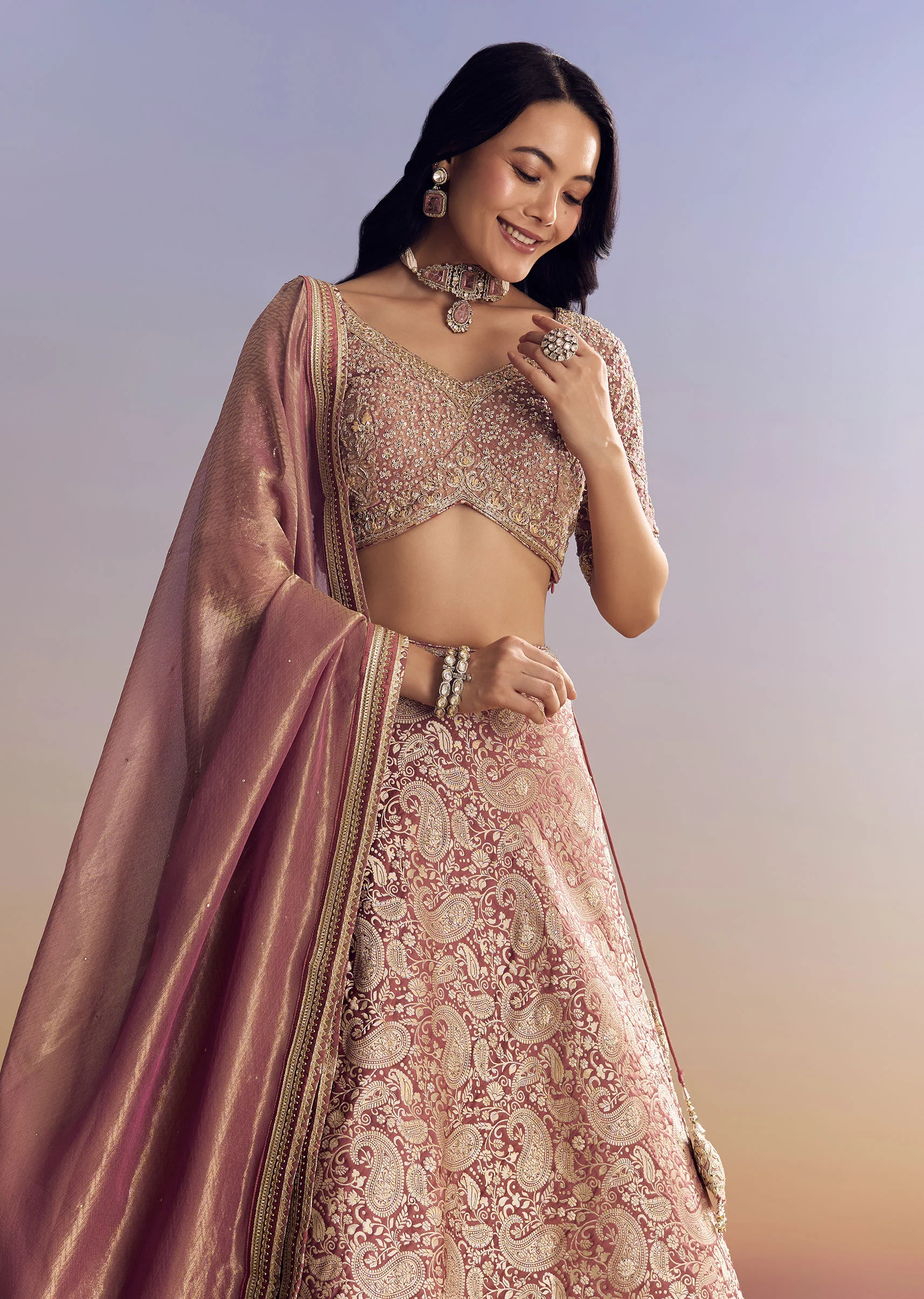 Light Pink Banarasi Silk Lehenga Set With Embroidered Choli - Image 3