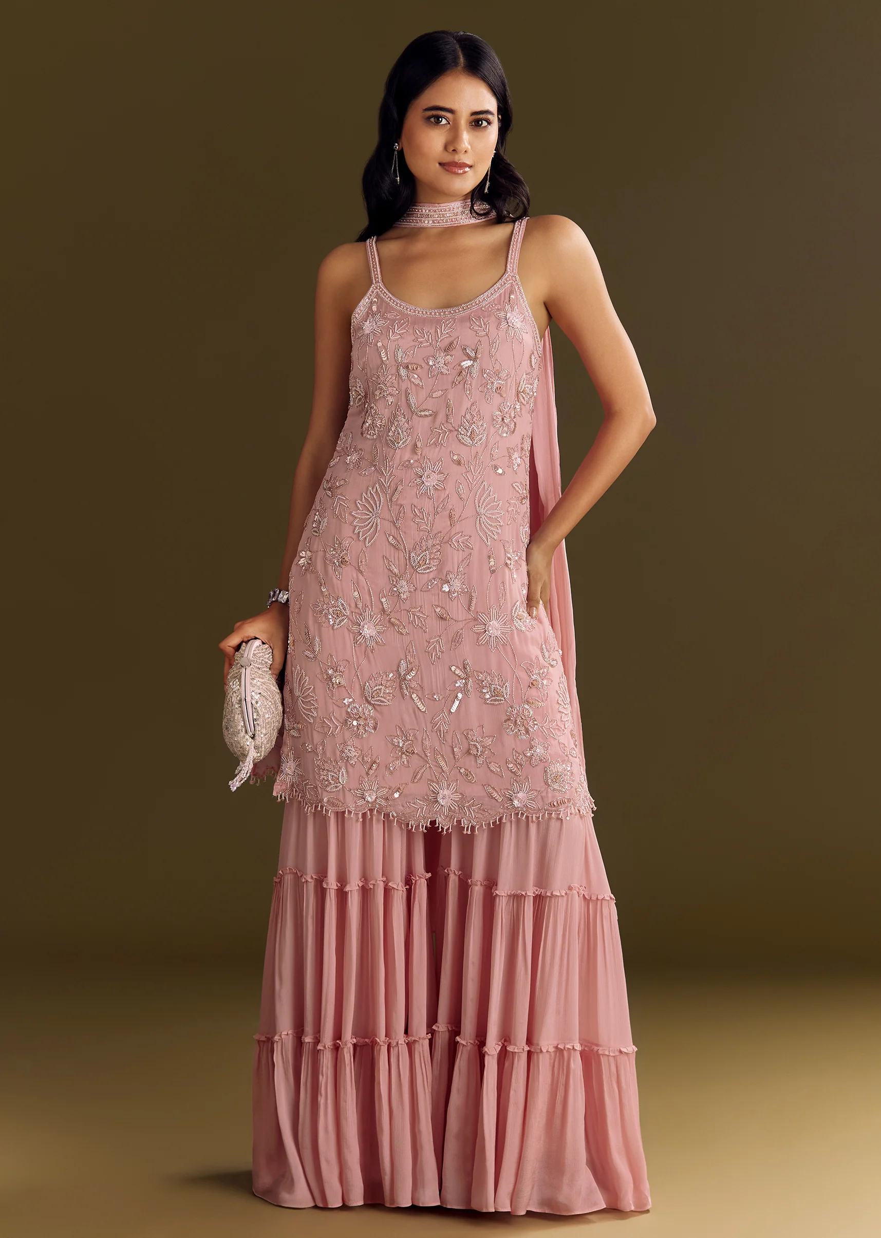 Light Pink Chinon Embroidered Kurta Sharara With Choker Dupatta - Image 4