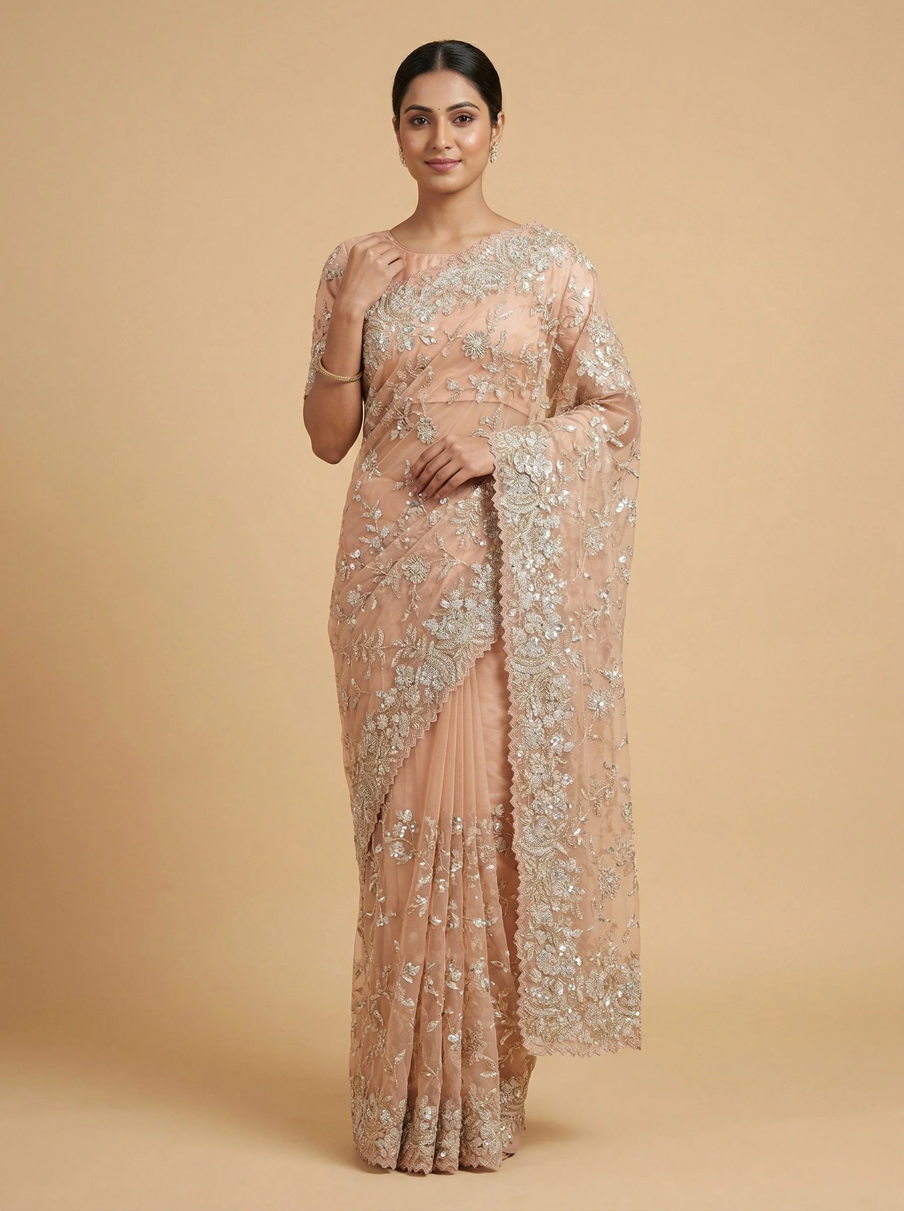 Light Pink Feathered Embroidered Saree