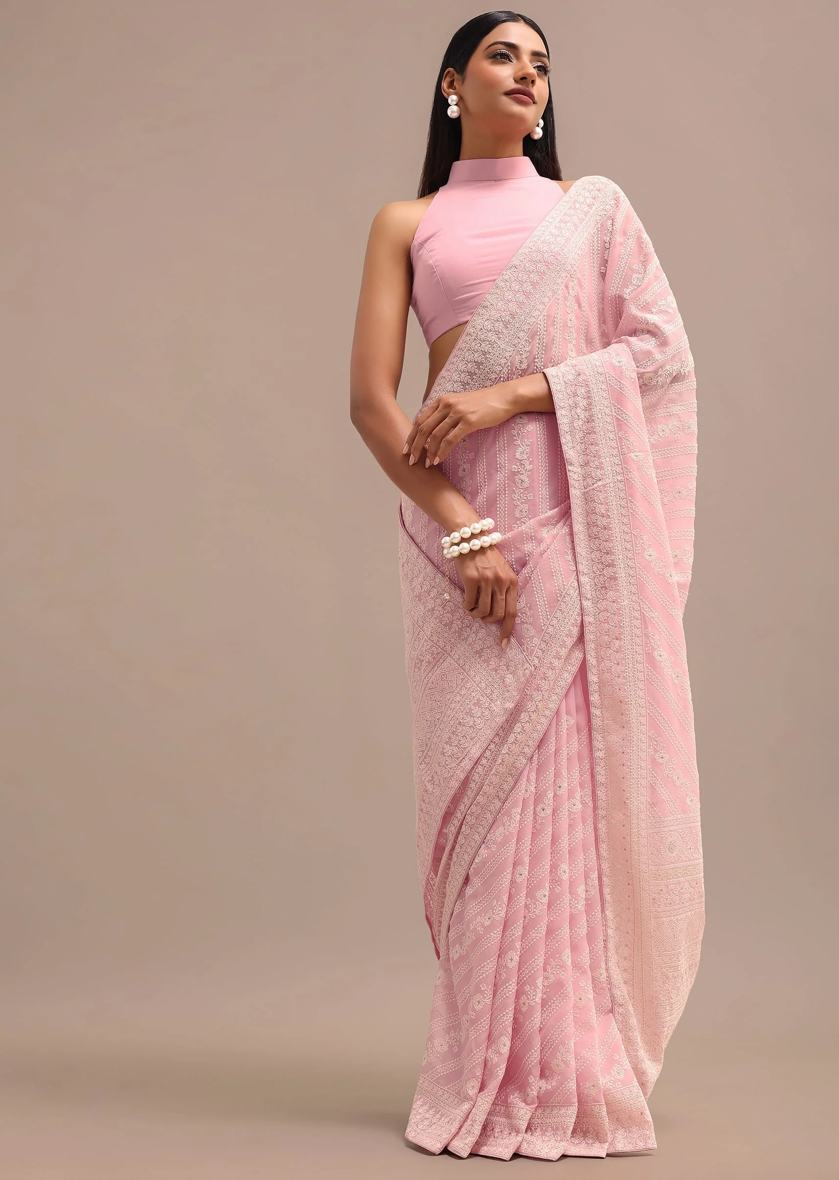 Light Pink Georgette Chikankari Saree With Unstitched Blouse - Image 2