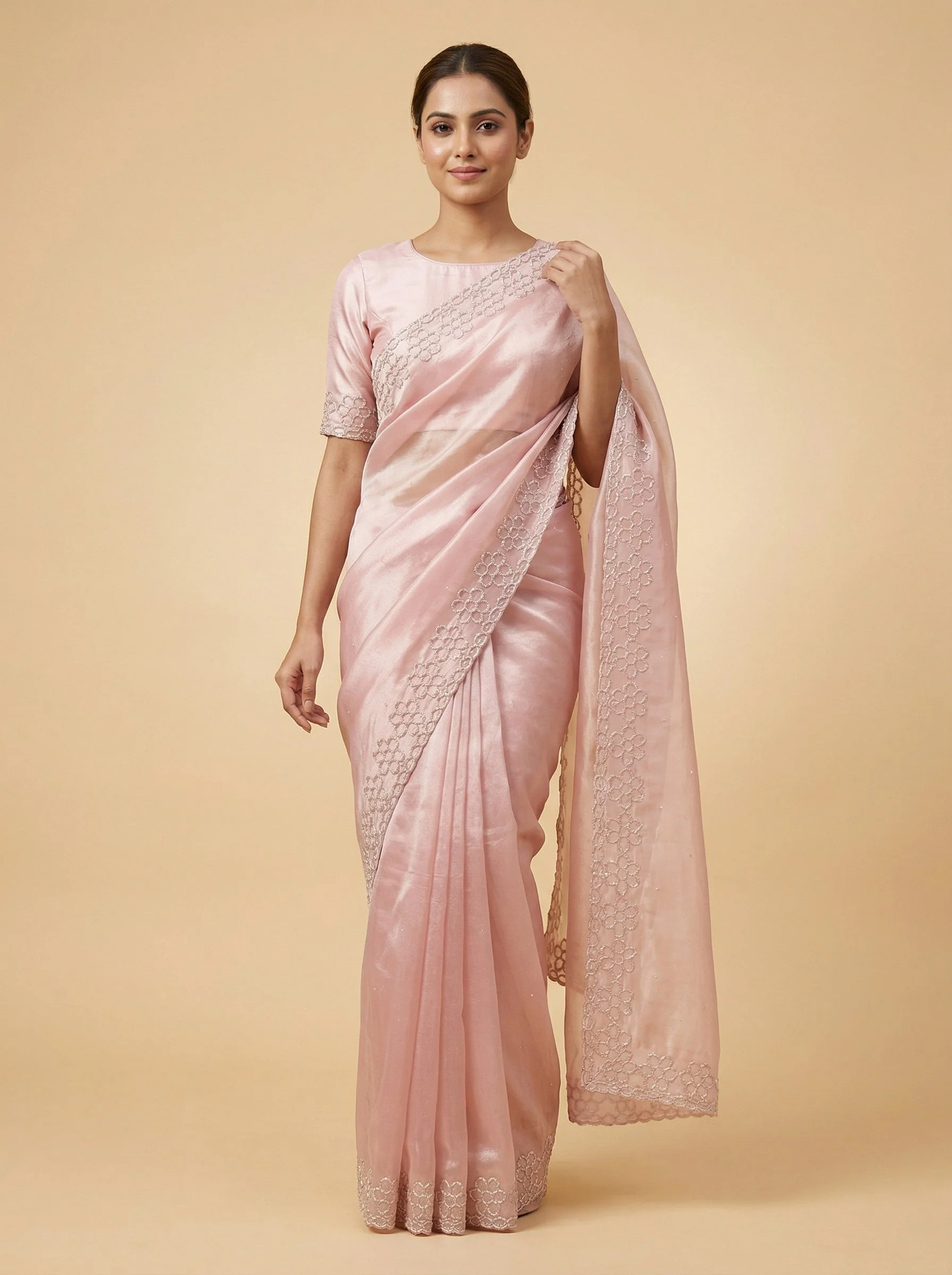 Light Pink Glowing Embroidered Saree