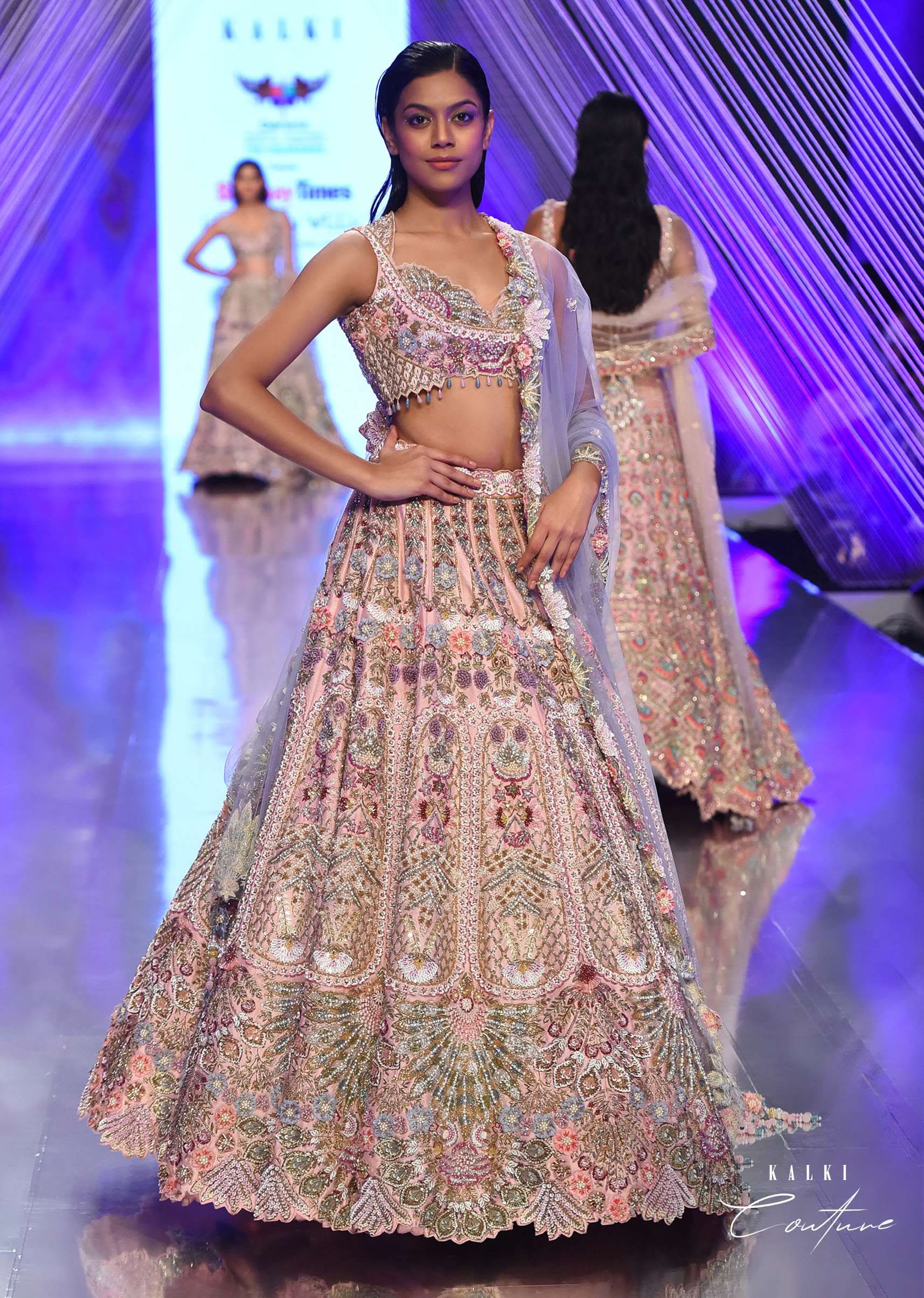 Light Pink Lehenga Set With A Choli In Moti Embroidery, Crop Top Comes In Half Sleeves With Cut Work - Image 5