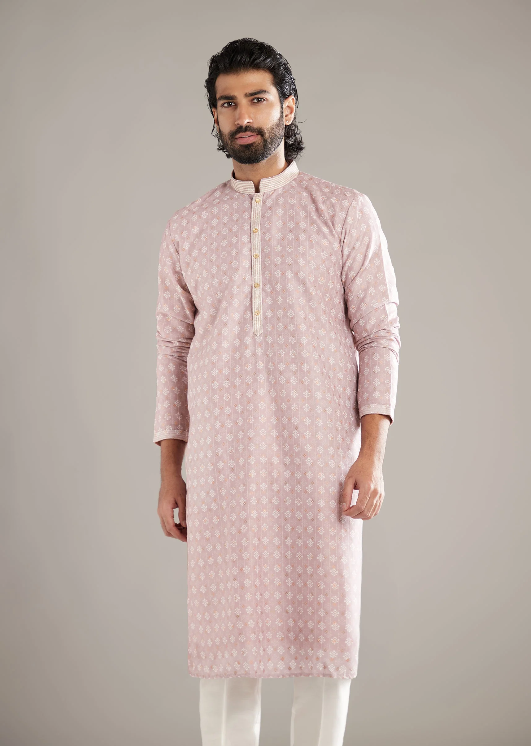 Light Pink Silk Kurta Set For Men With Floral Print - Image 4
