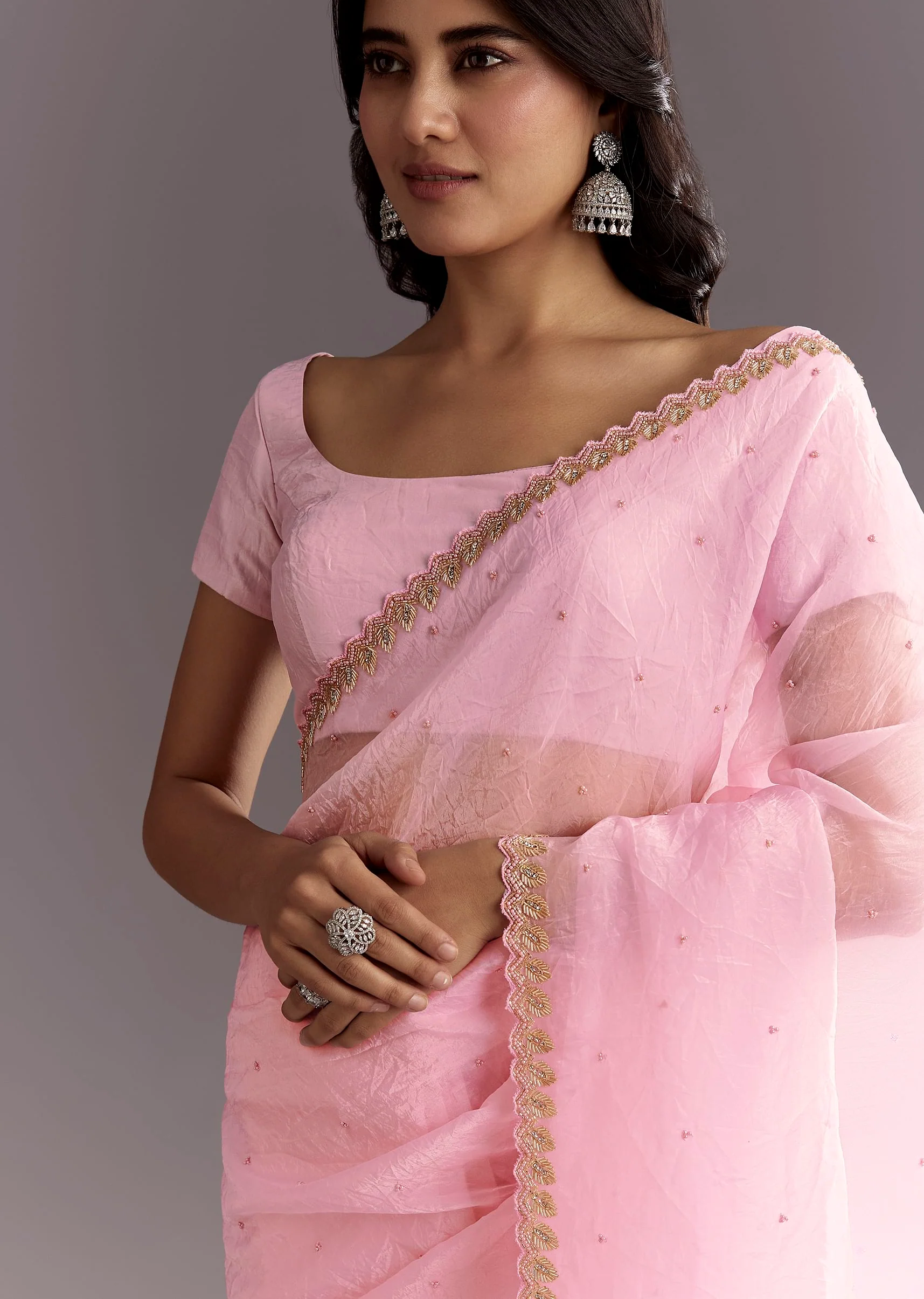Light Pink Tissue Embroidered Saree With Cutwork Scallop Border - Image 2