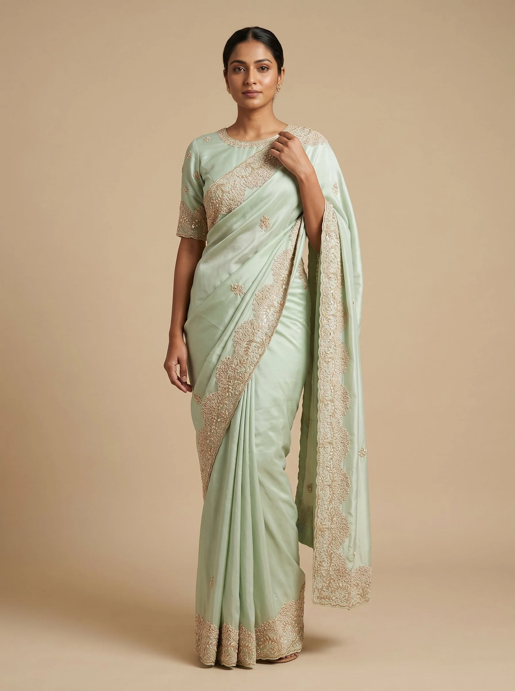 Light Pista Fresh Embroidered Saree