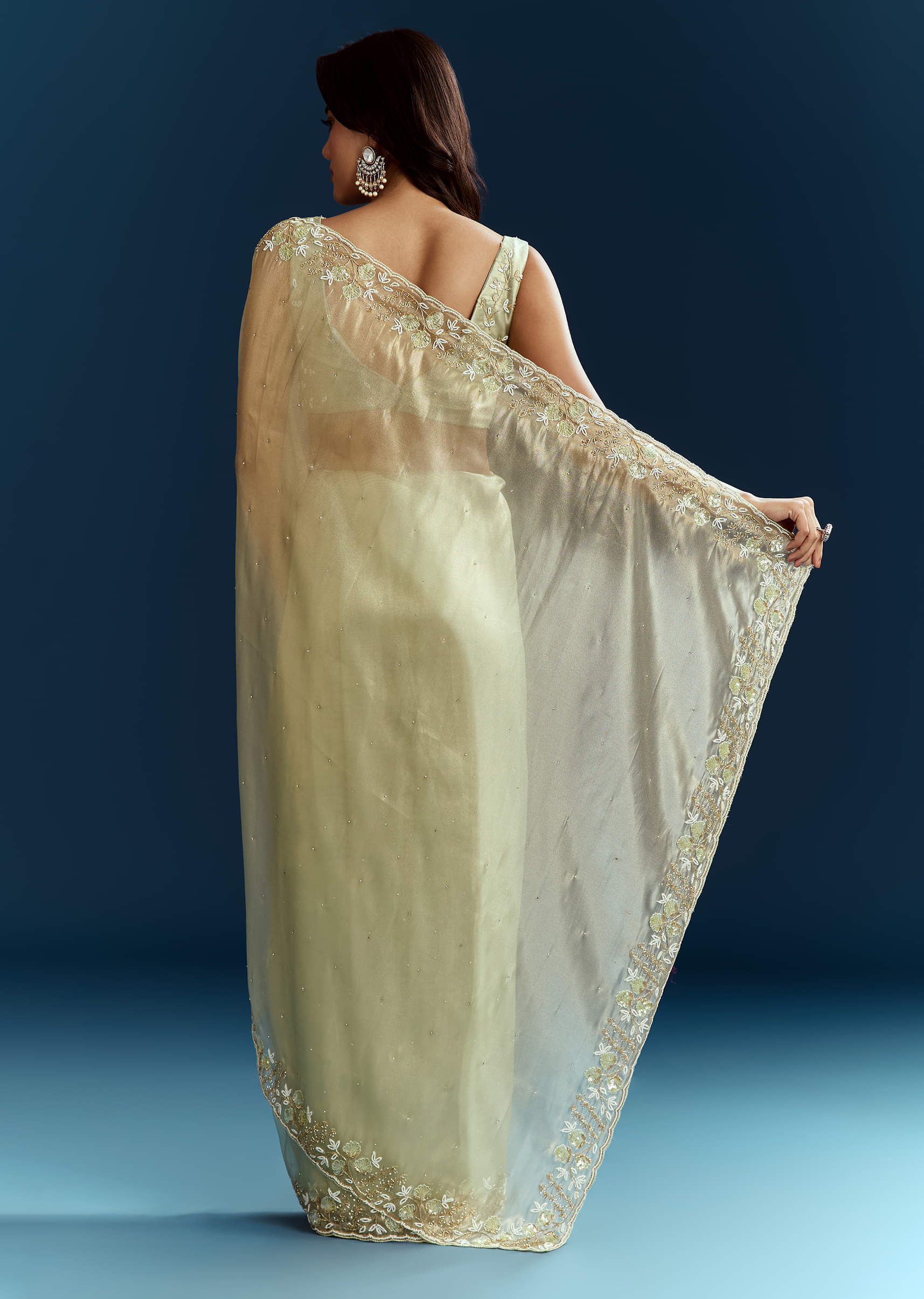 Light Pista Organza Saree With Floral Cutdana And Stone Embroidery - Image 5