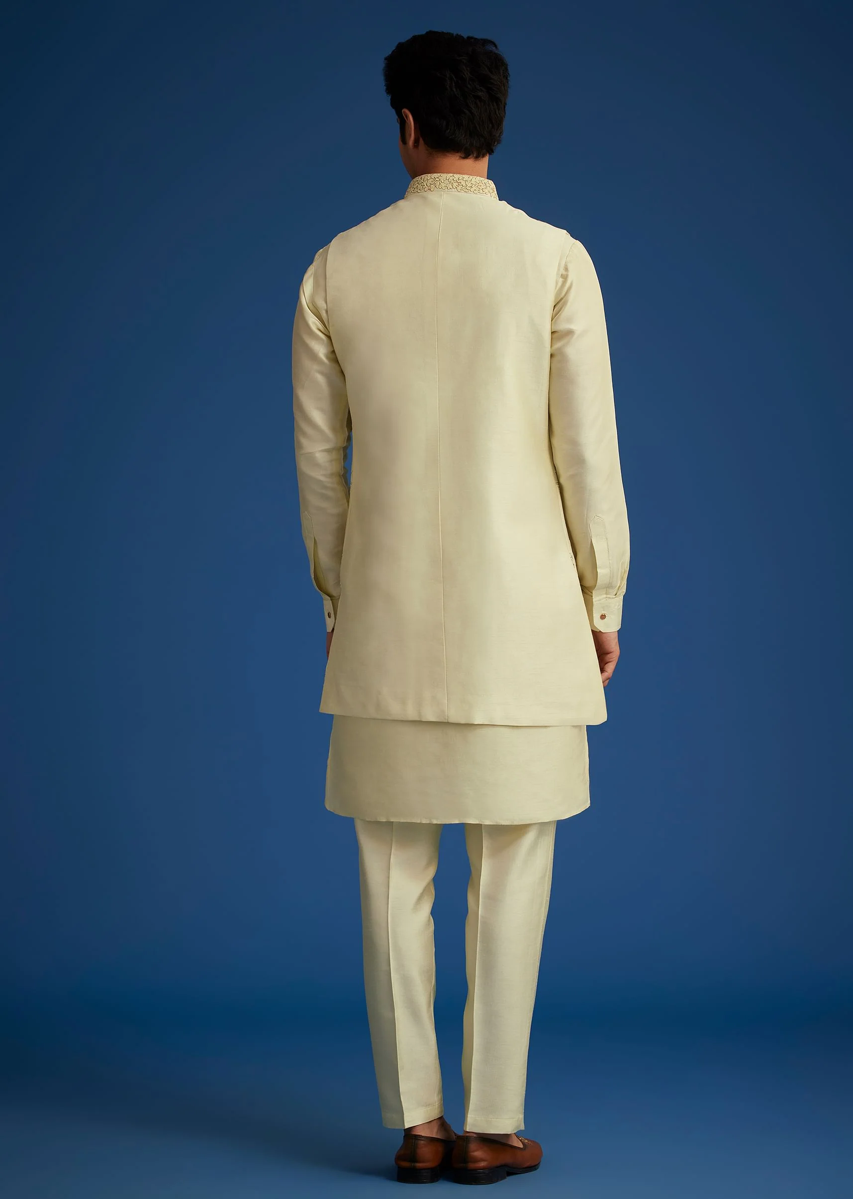 Light Pista Silk Kurta Set With Thread And Mirror Work Jacket - Image 5
