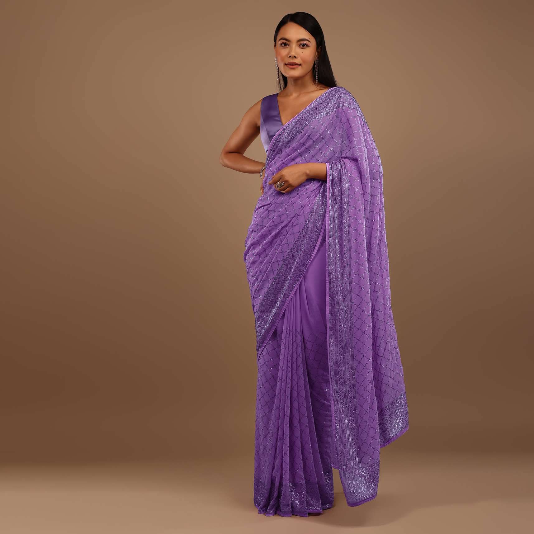 Light Purple Georgette Saree With Swarovski Stonework On The Borders And A Stonework Added Unstitched Blouse - Image 2