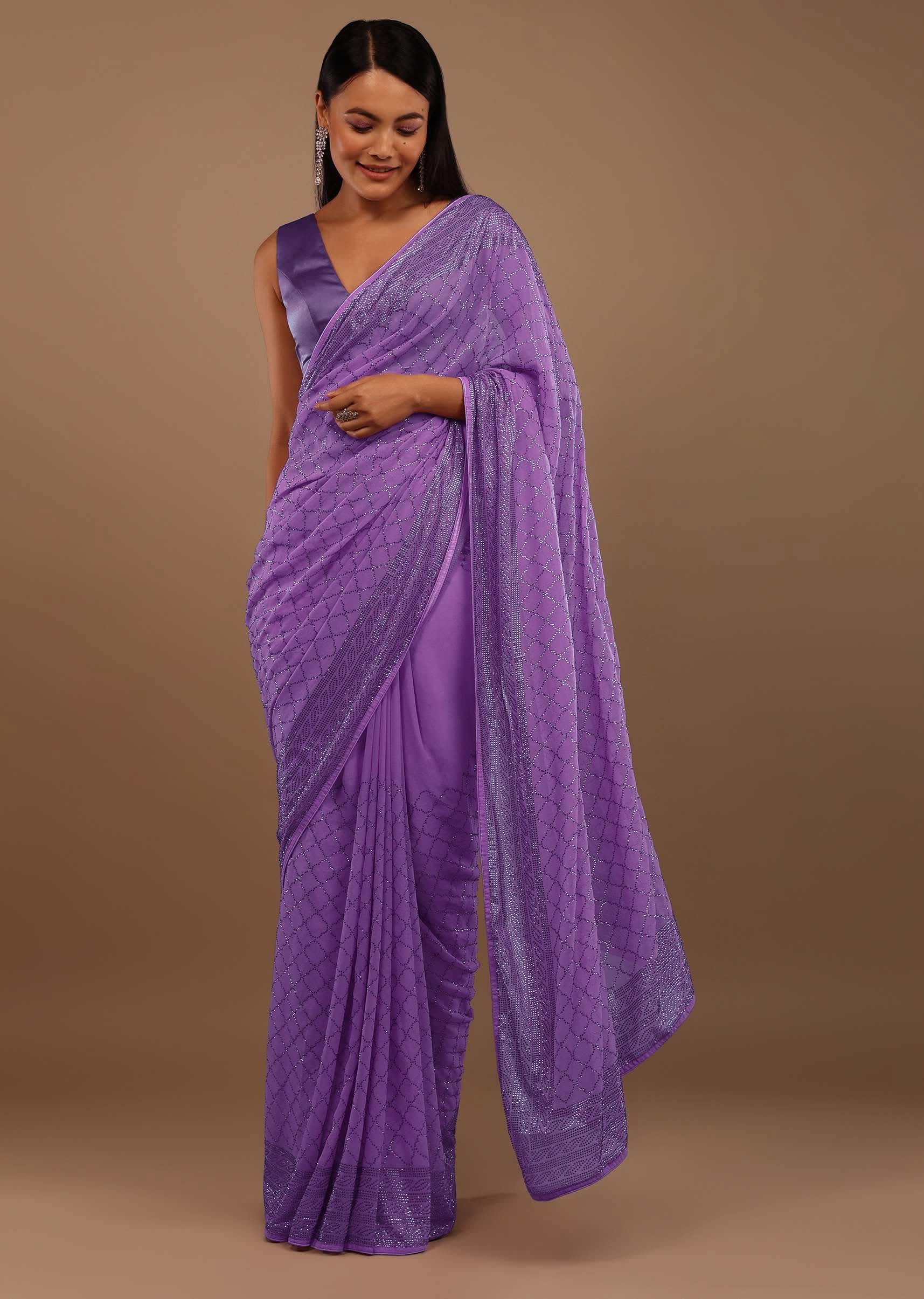 Light Purple Georgette Saree With Swarovski Stonework On The Borders And A Stonework Added Unstitched Blouse - Image 3