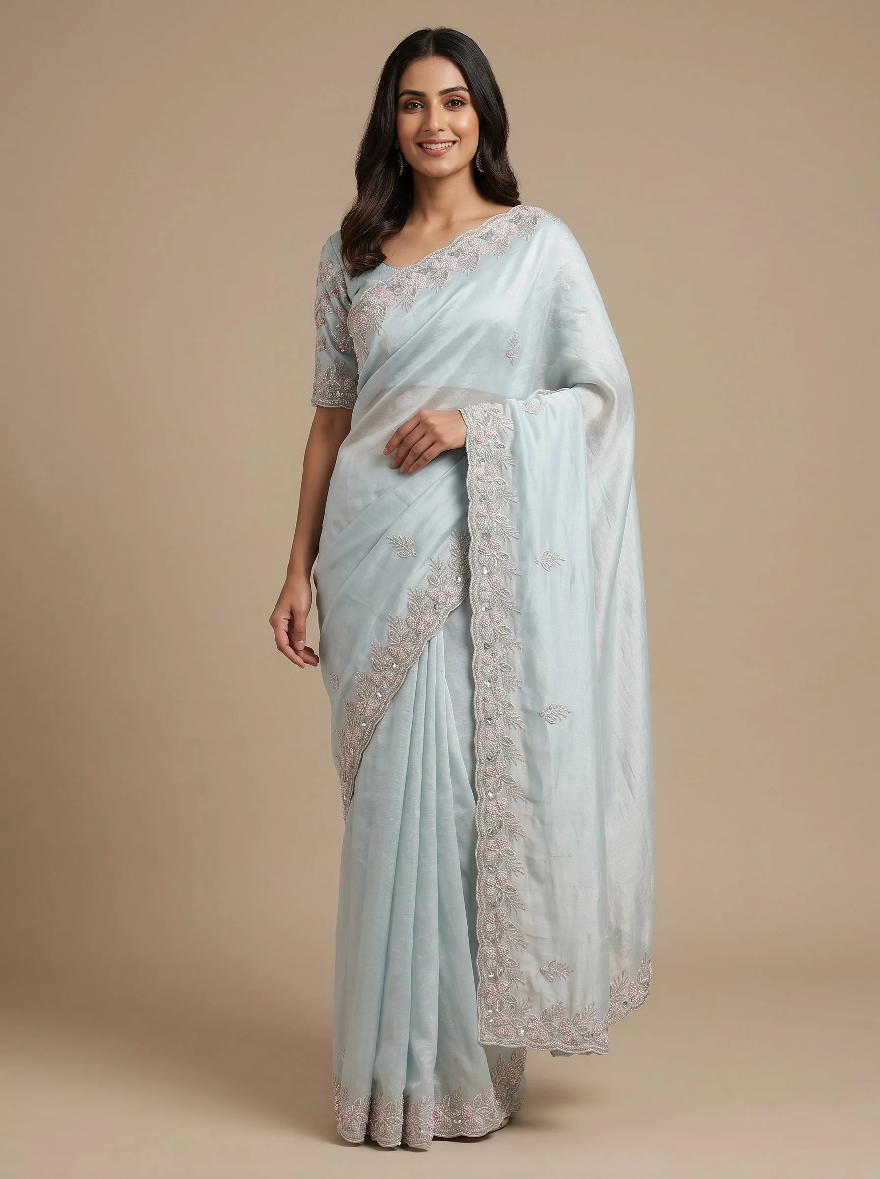 Light Sea Blue Breeze Embroidered Saree