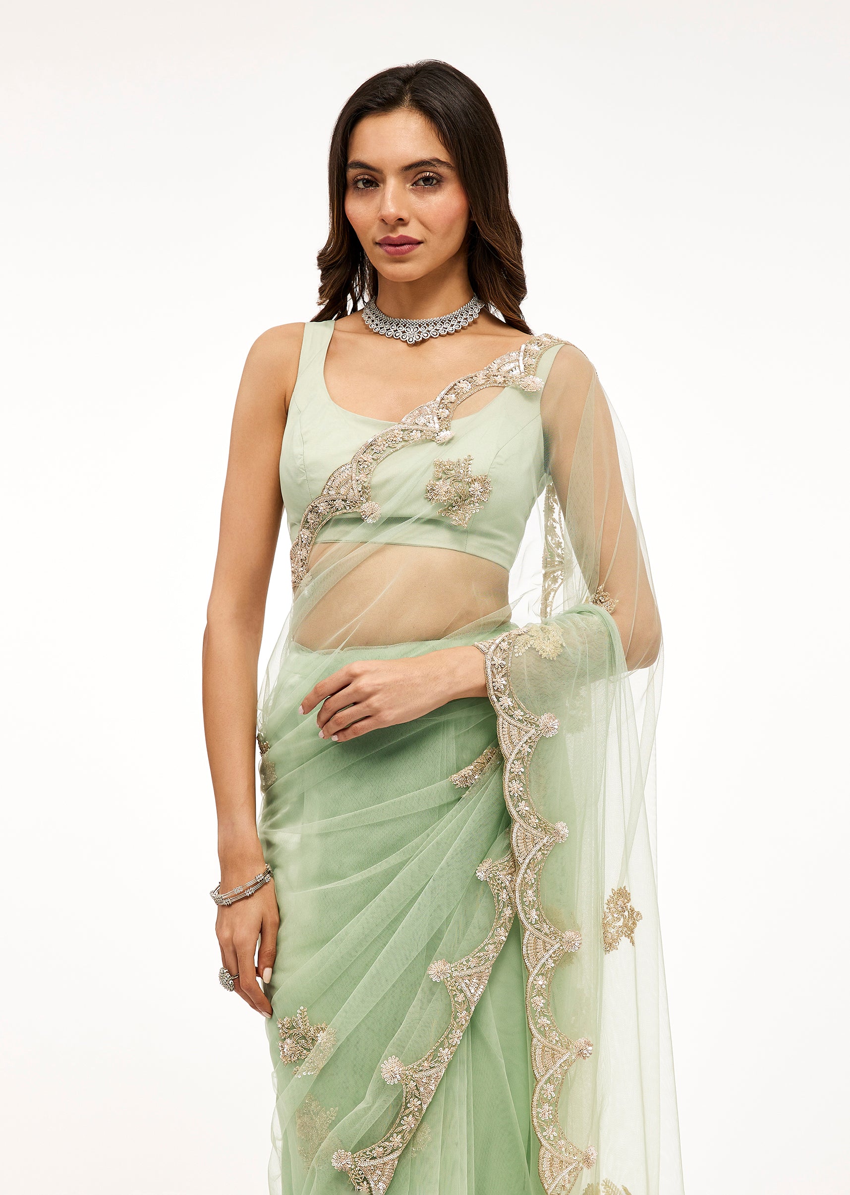 Light Sea Green Net Saree With Deep Scallop Border And Cutdana Sequin Bead Embroidery - Image 5