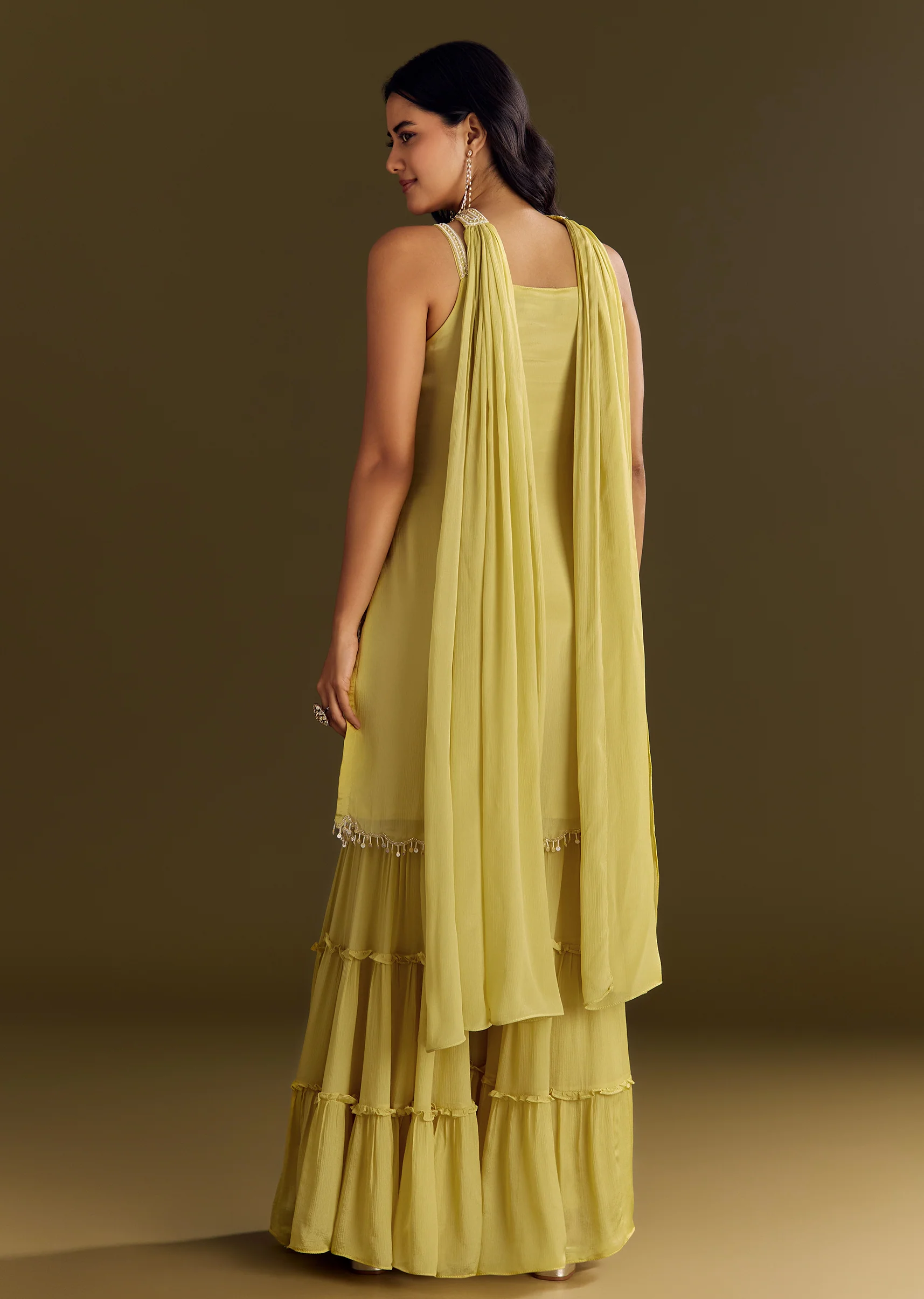 Light Yellow Chinon Embroidered Kurta Sharara With Choker Style Dupatta - Image 6