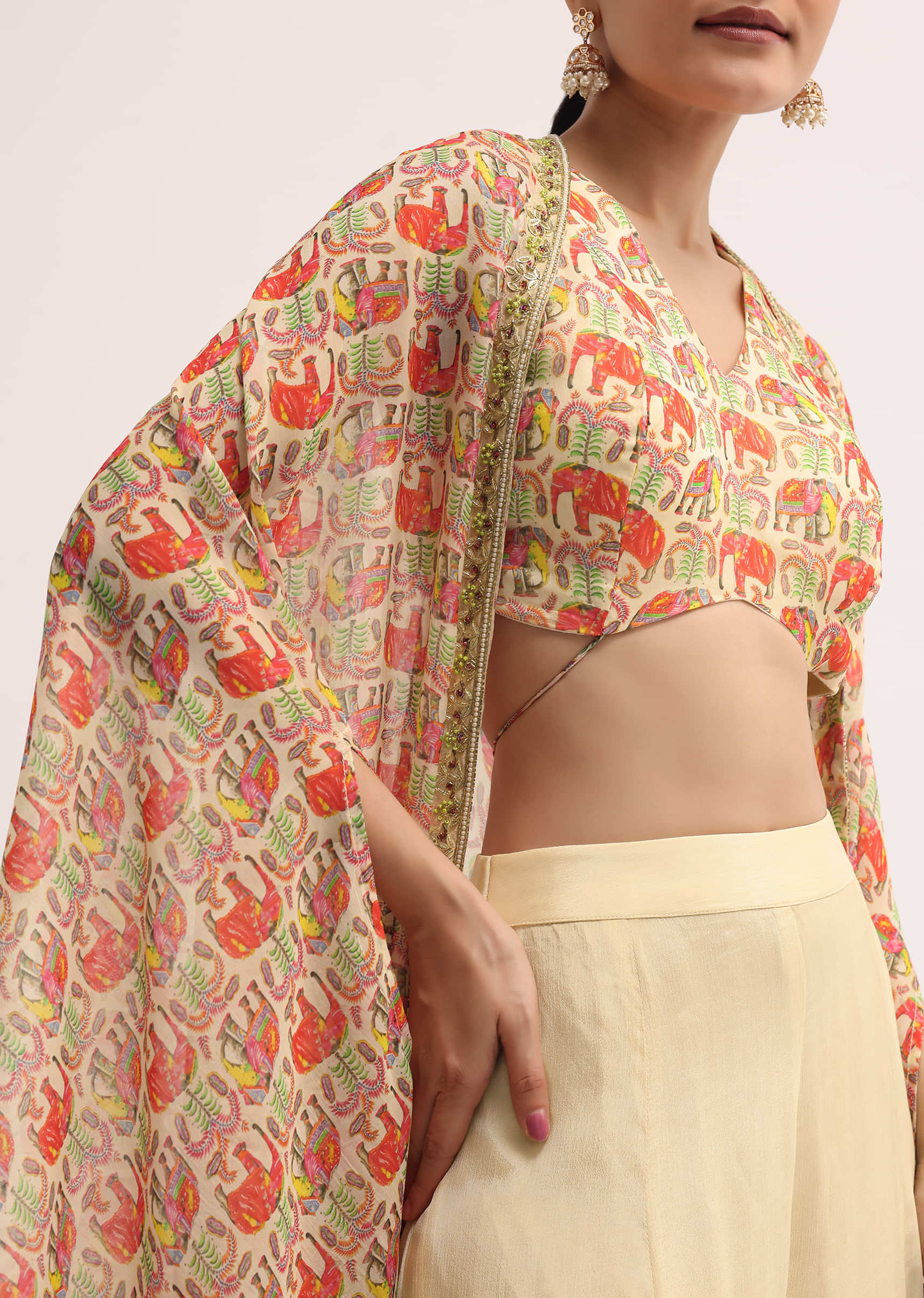 Light Yellow Printed Organza Palazzo Set With Jacket - Image 4