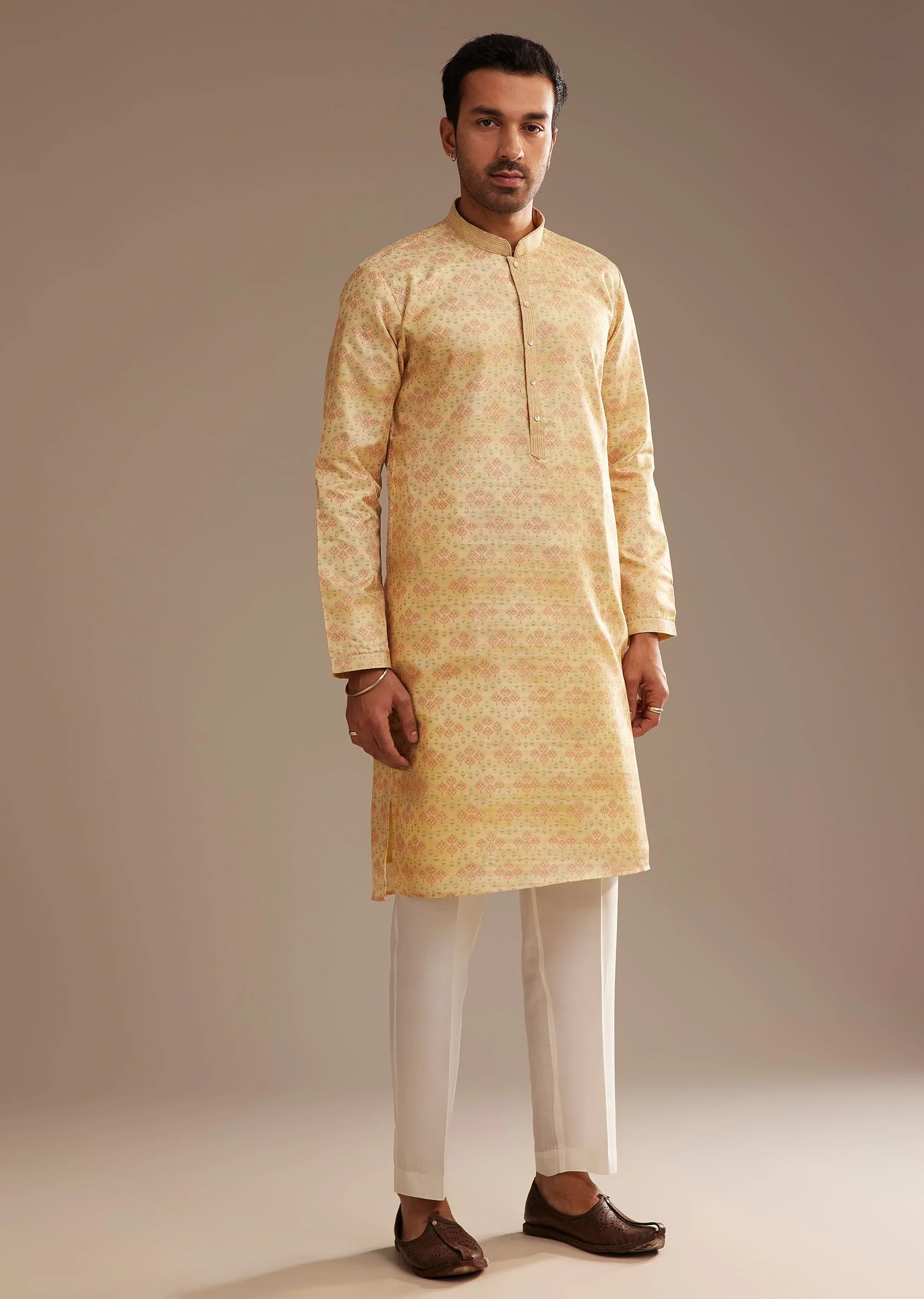 Light Yellow Silk Abstract Printed Kurta Set - Image 2