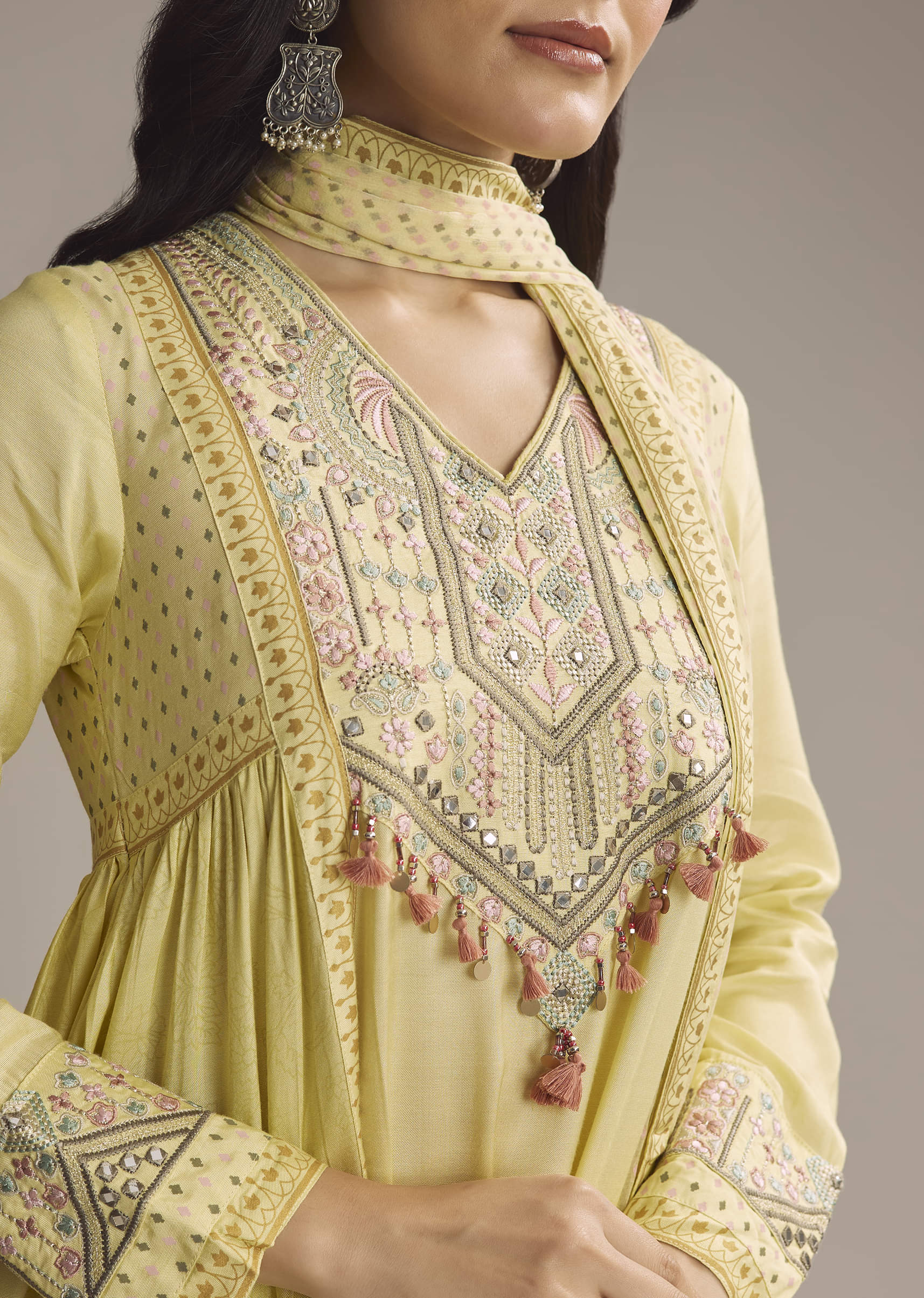 Light Yellow Silk Printed Palazzo Suit With Resham Work - Image 2