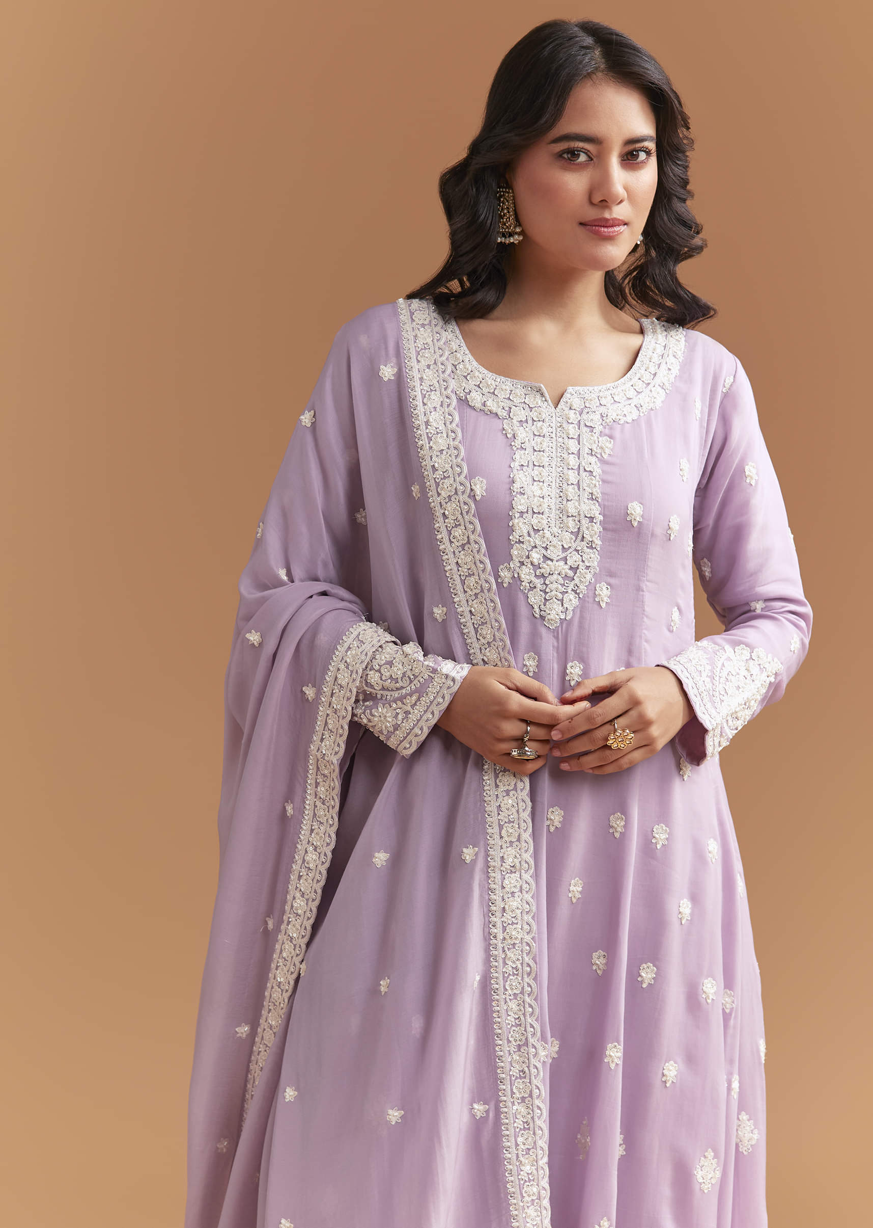 Lilac Cotton Anarkali Suit With Delicate Thread Work - Image 5