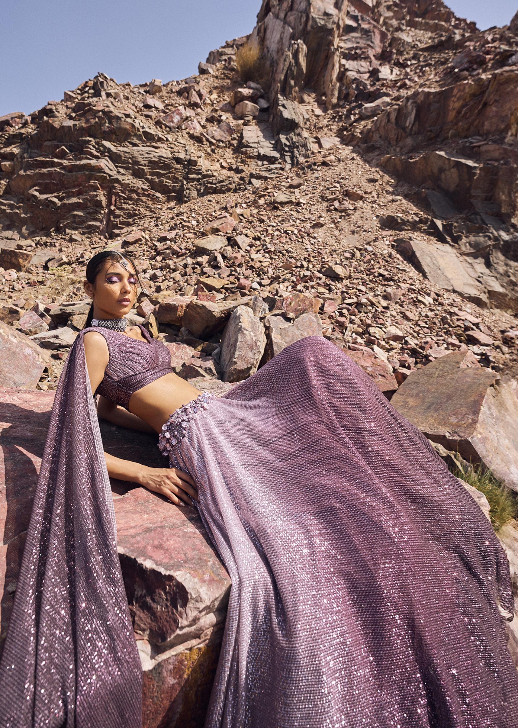 Lilac Crushed Shimmer Lehenga With Blouse And Cape - Image 3