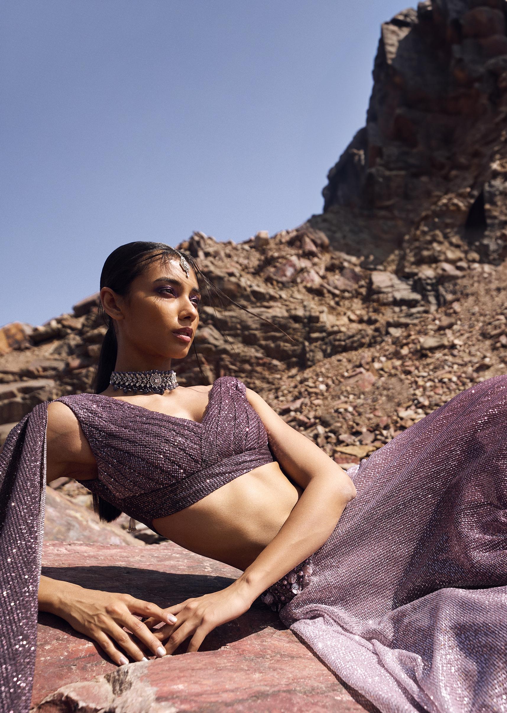 Lilac Crushed Shimmer Lehenga With Blouse And Cape - Image 4