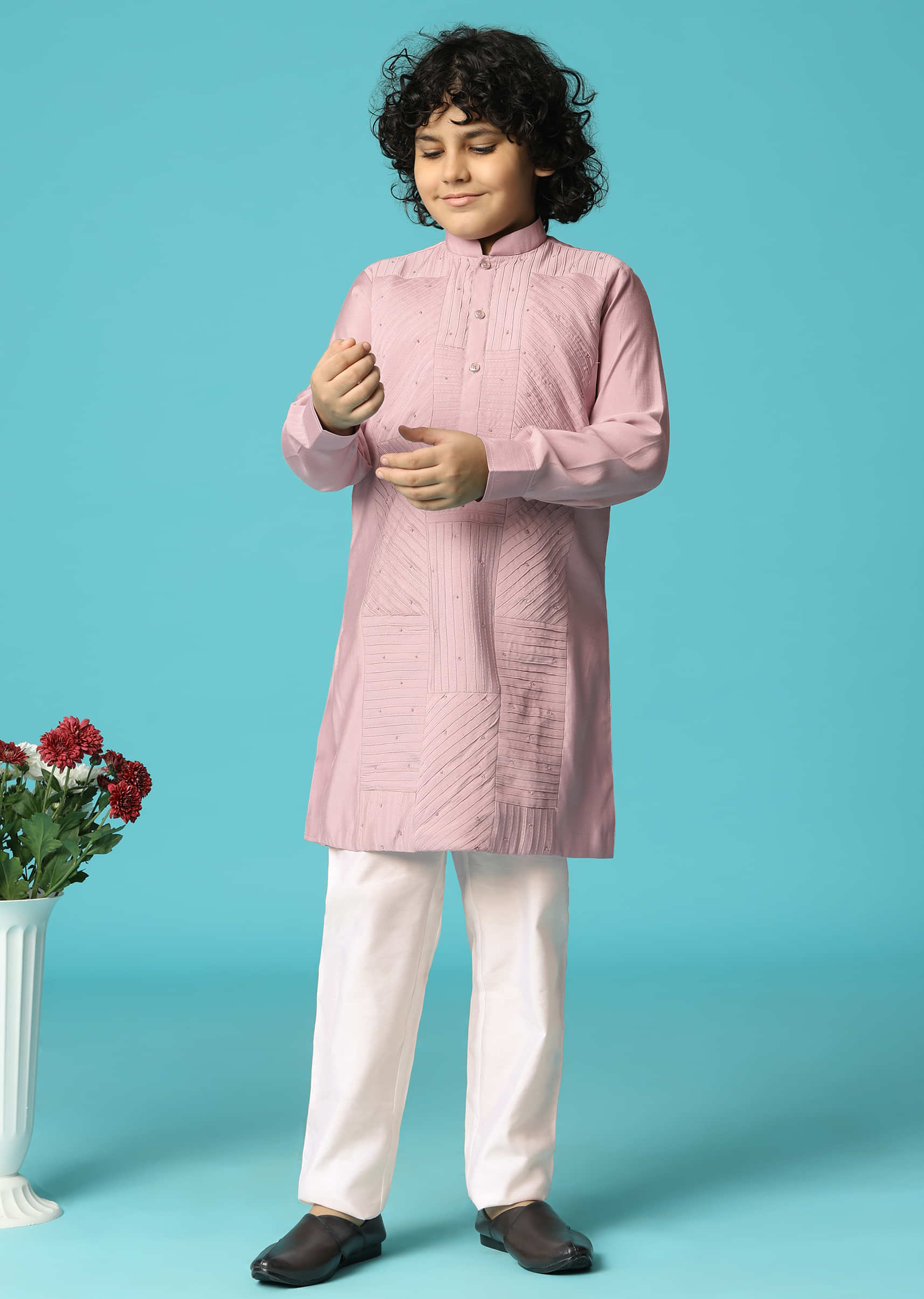 Lilac Embroidered Silk Kurta Pant For Boys - Image 3