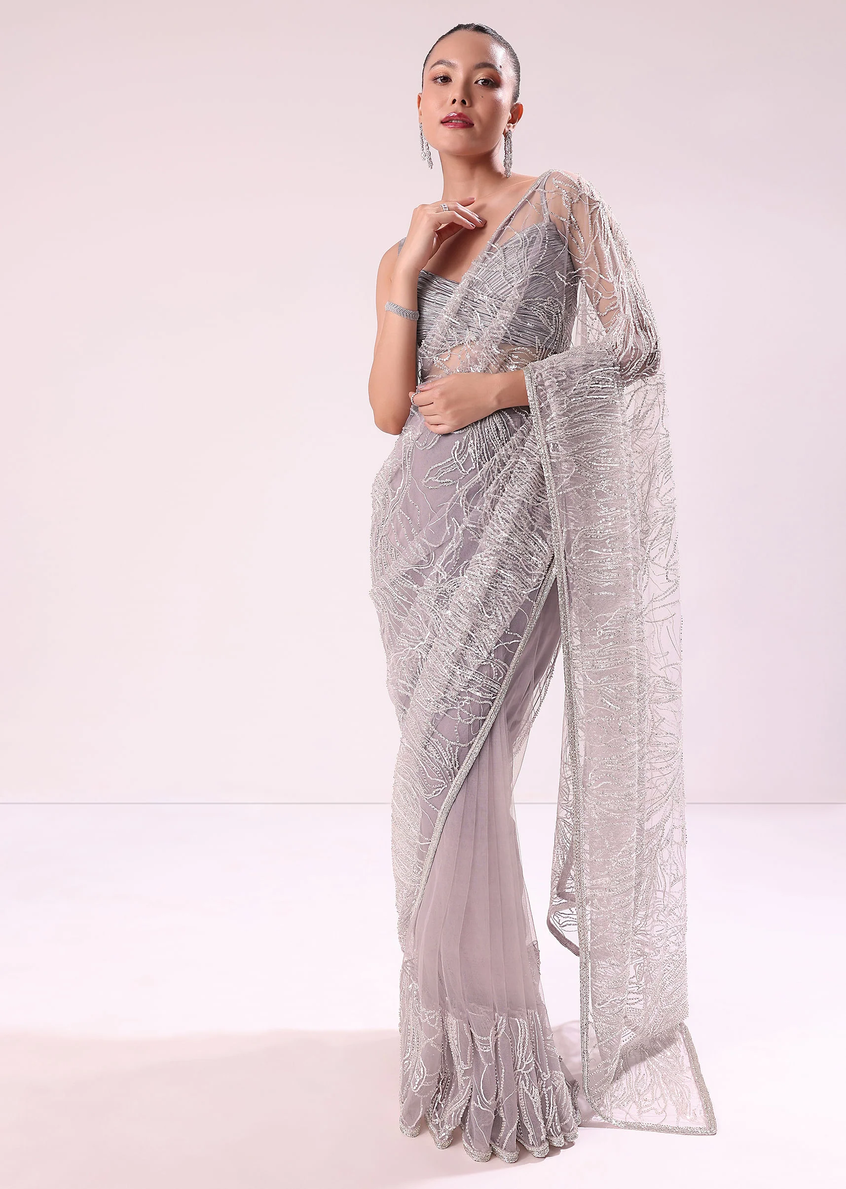 Lilac Fancy Sequence Net Saree With Ruched Stitched - Image 3