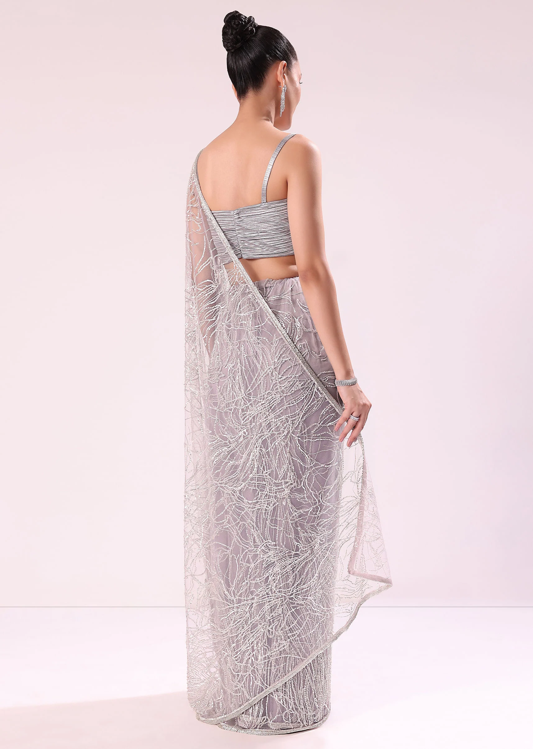 Lilac Fancy Sequence Net Saree With Ruched Stitched - Image 4