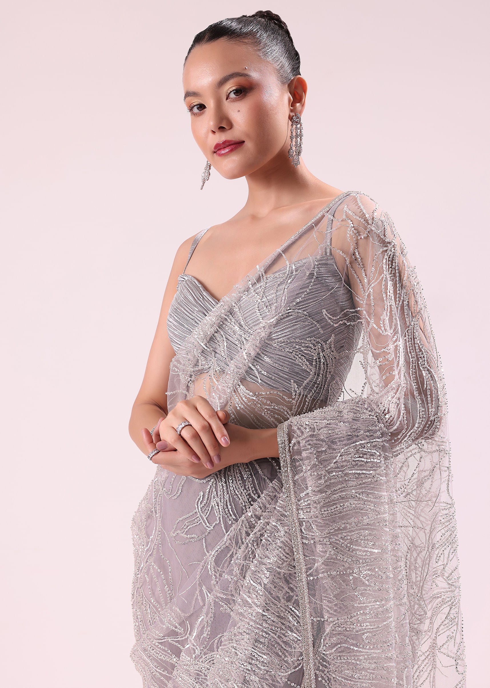 Lilac Fancy Sequence Net Saree With Ruched Stitched - Image 5