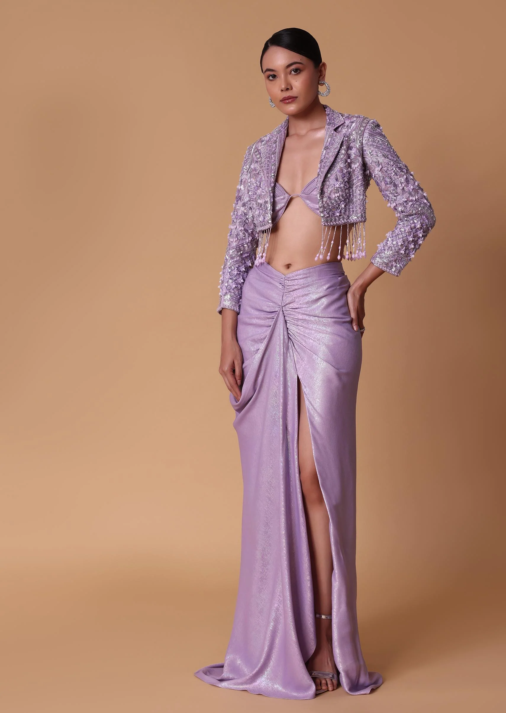 Lilac Foil Print Draped Slit Skirt With Bustier And Short Jacket - Image 5
