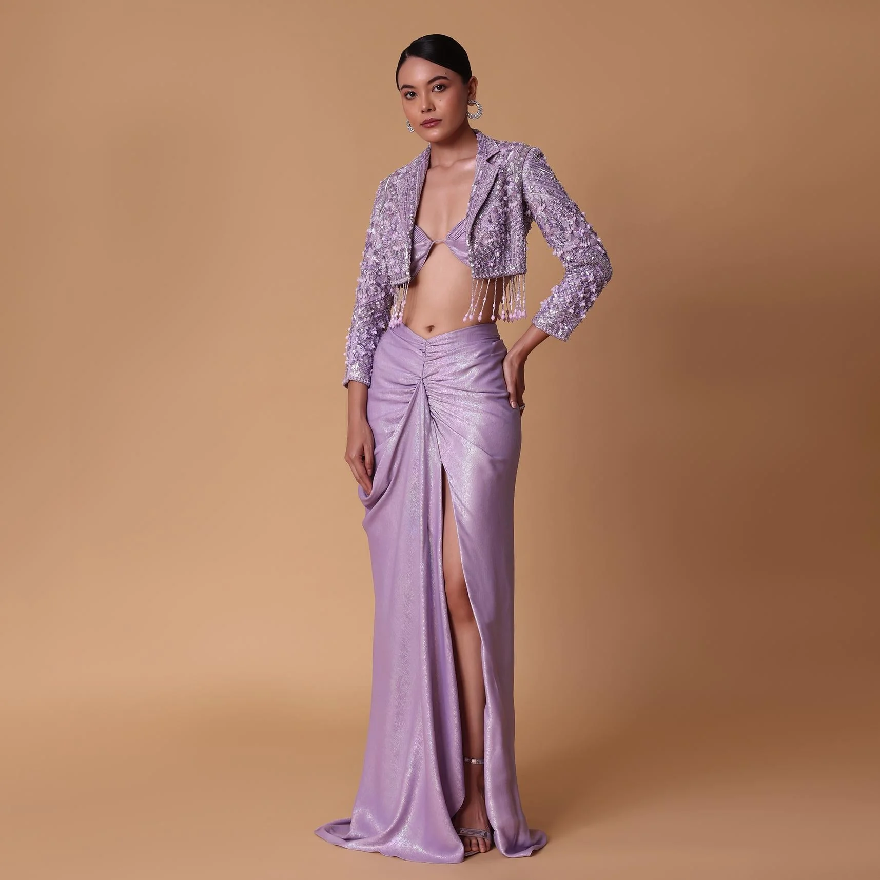 Lilac Foil Print Draped Slit Skirt With Bustier And Short Jacket - Image 6