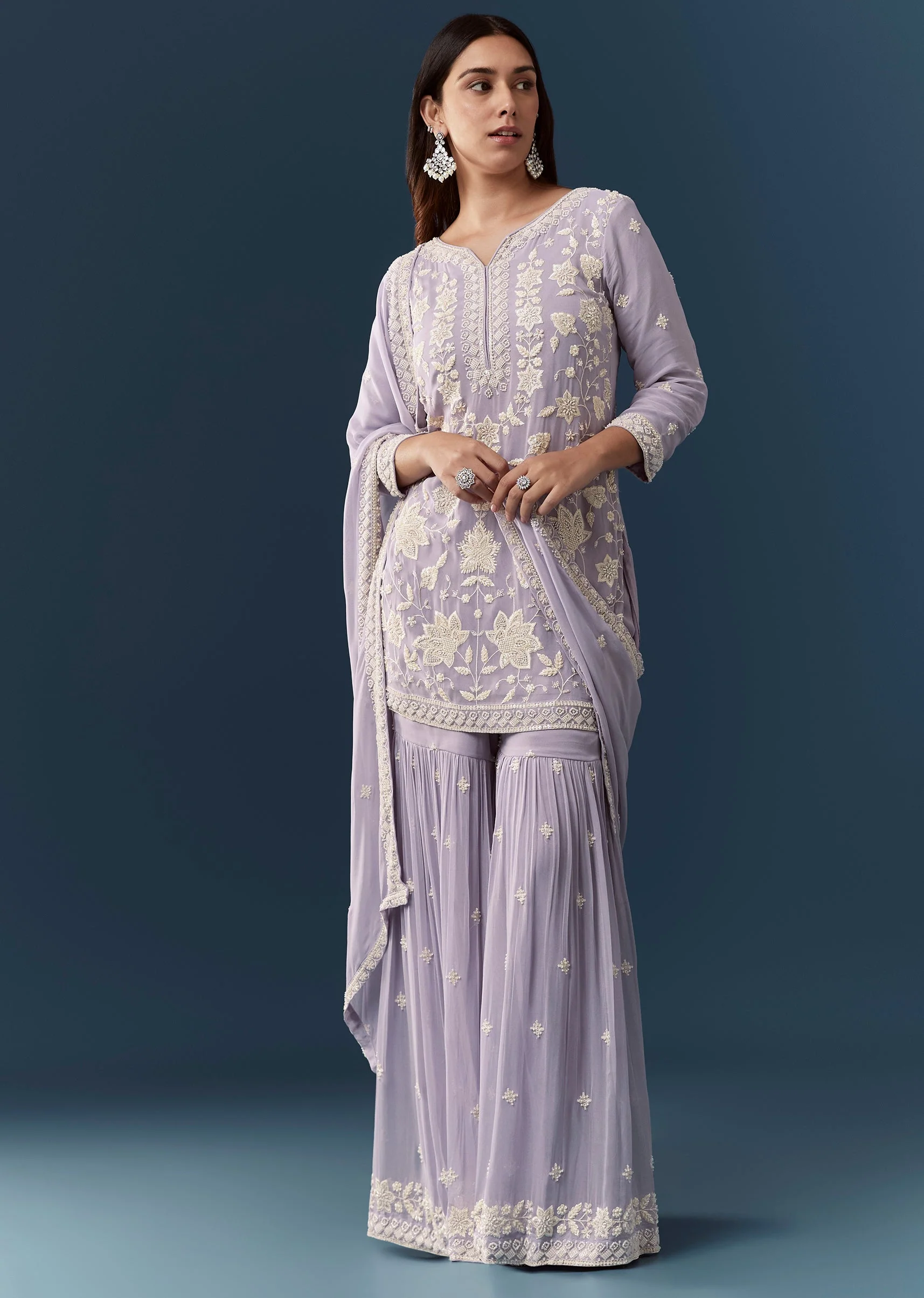 Lilac Georgette Embroidered Kurta Sharara Set - Image 3