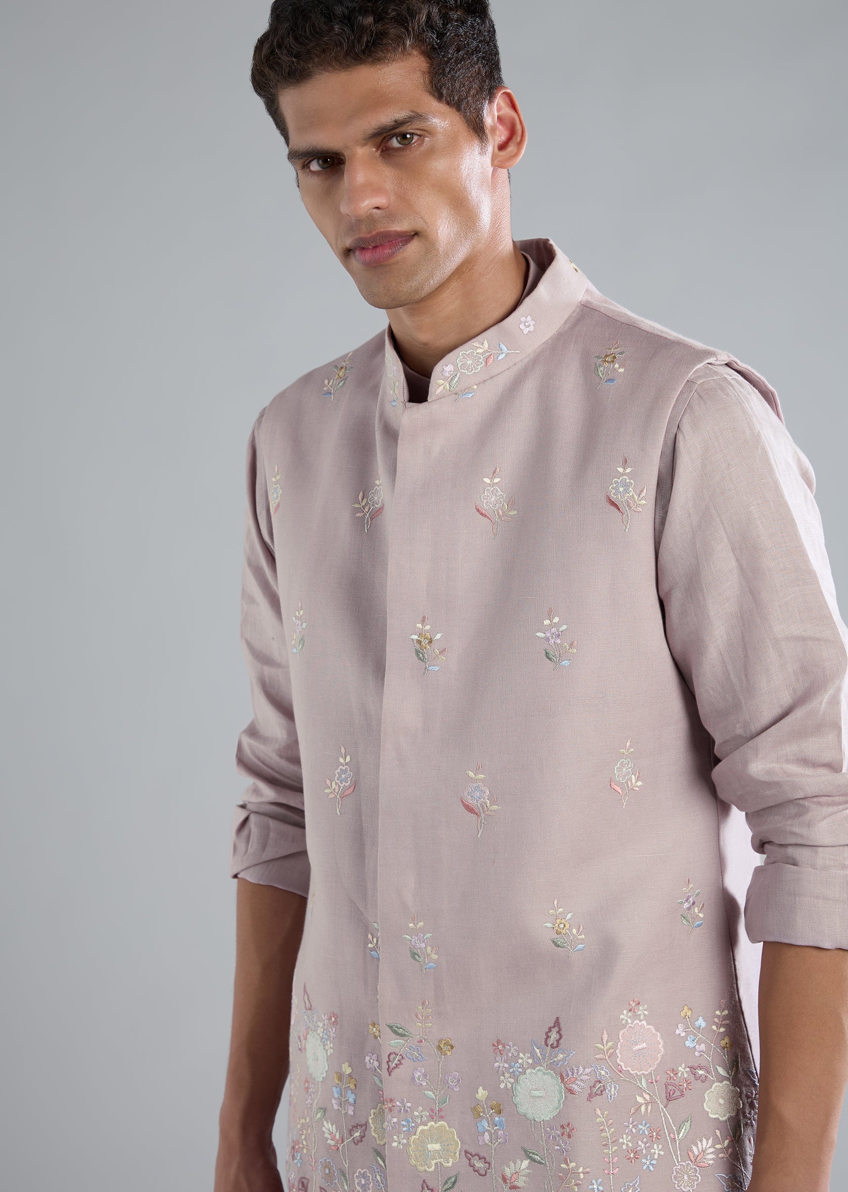 Lilac Linen Kurta Jacket Set With Thread Resham Work - Image 2