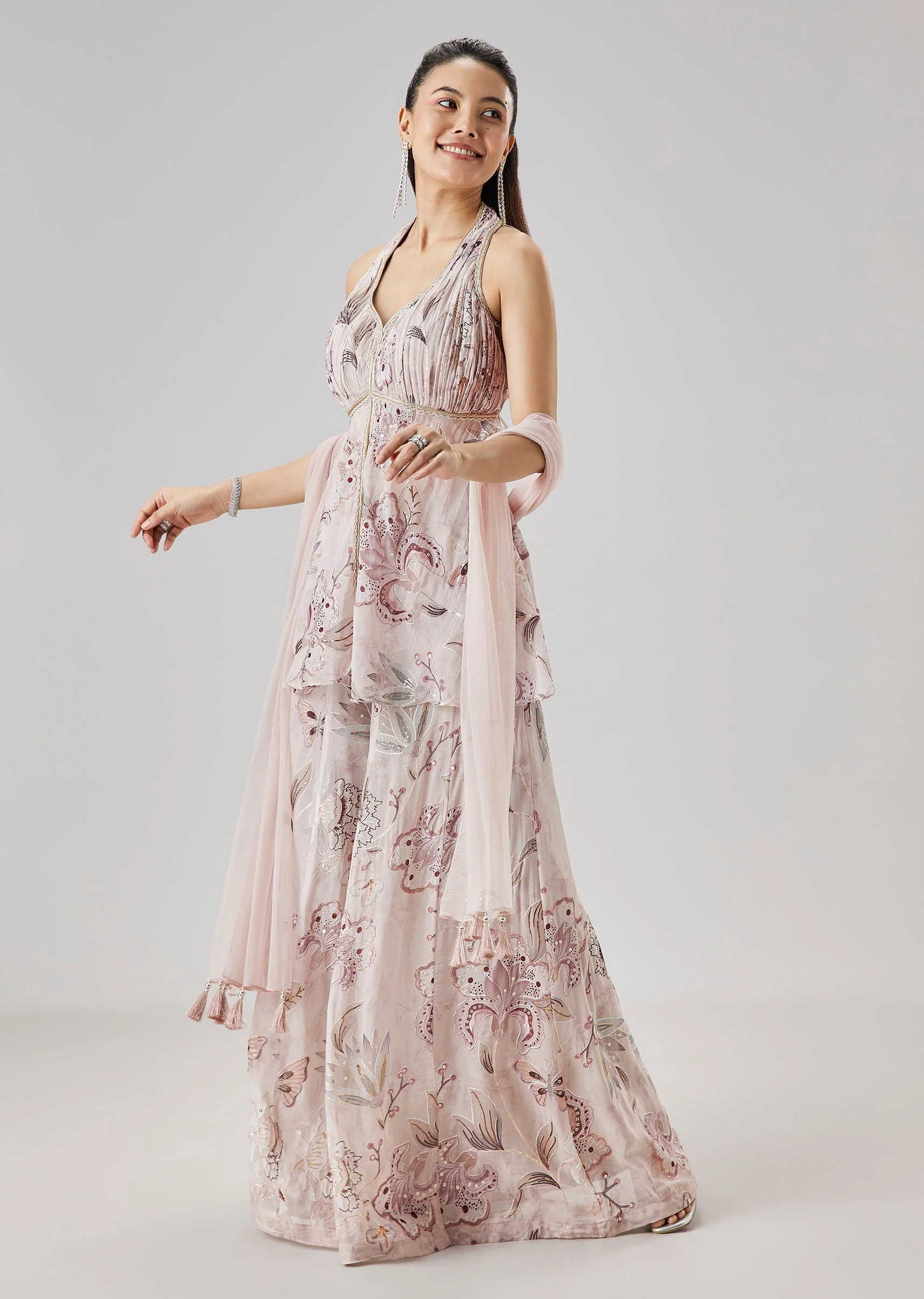 Lilac Printed Peplum Palazzo Set With Dupatta