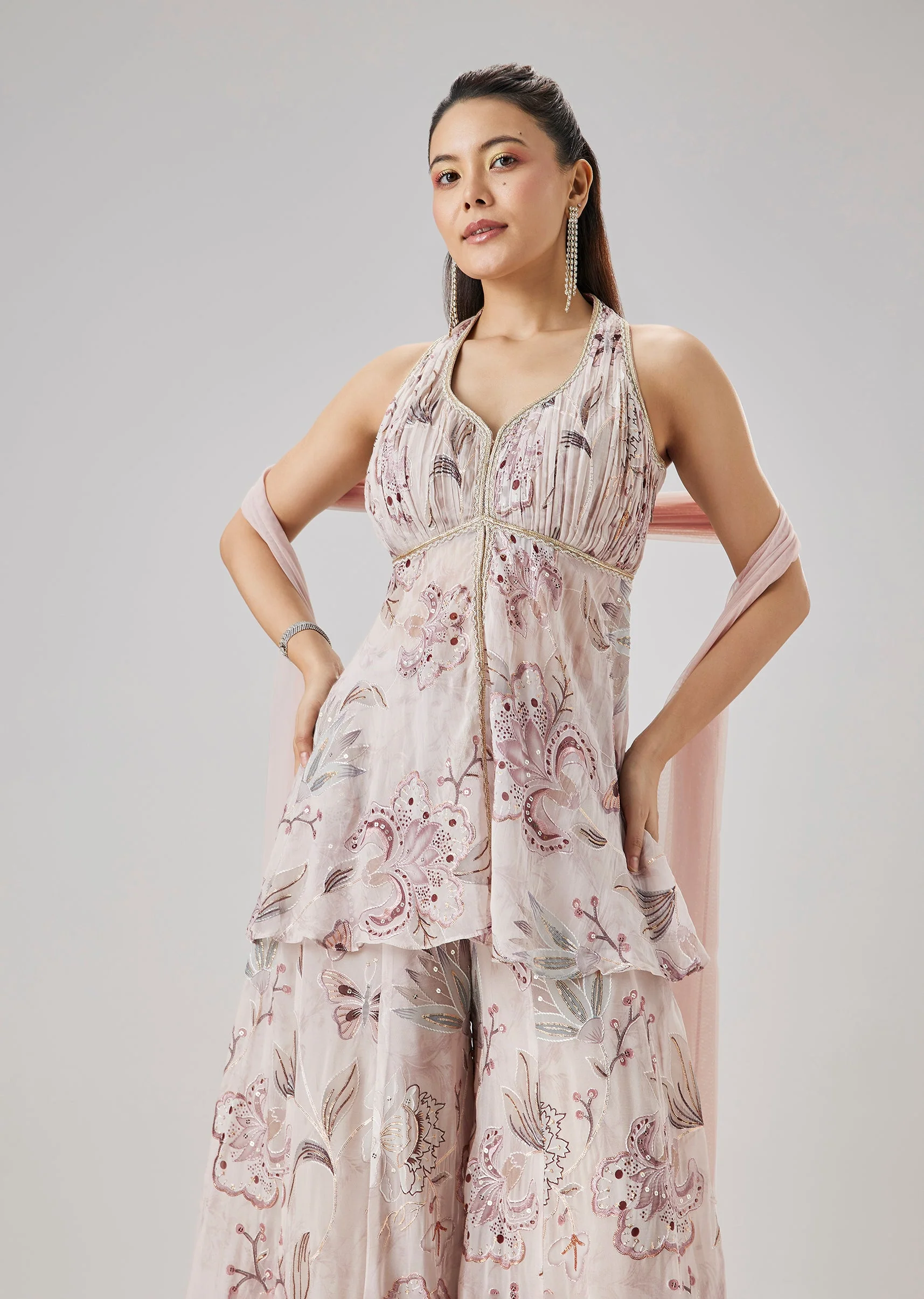 Lilac Printed Peplum Palazzo Set With Dupatta - Image 4