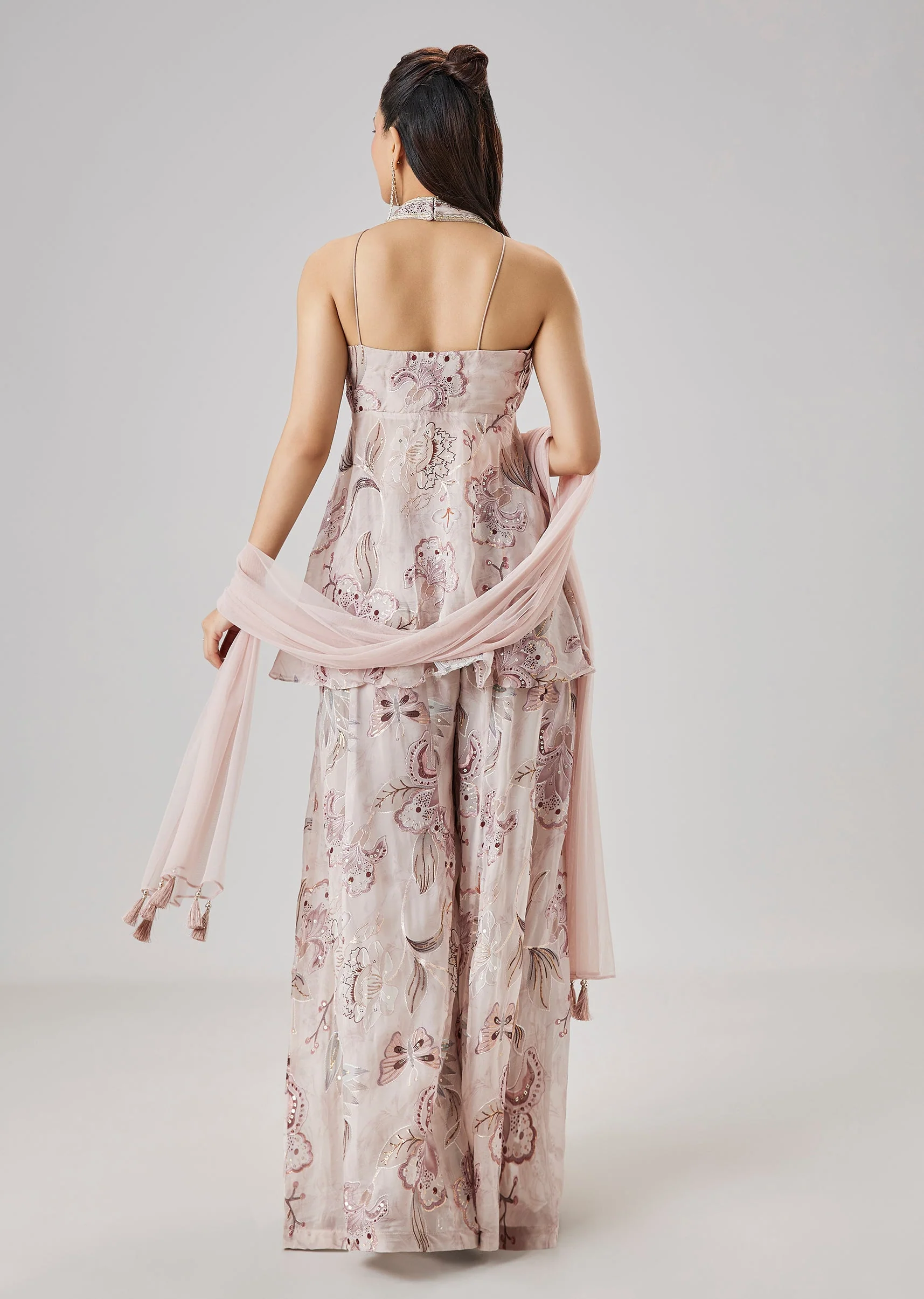 Lilac Printed Peplum Palazzo Set With Dupatta - Image 5