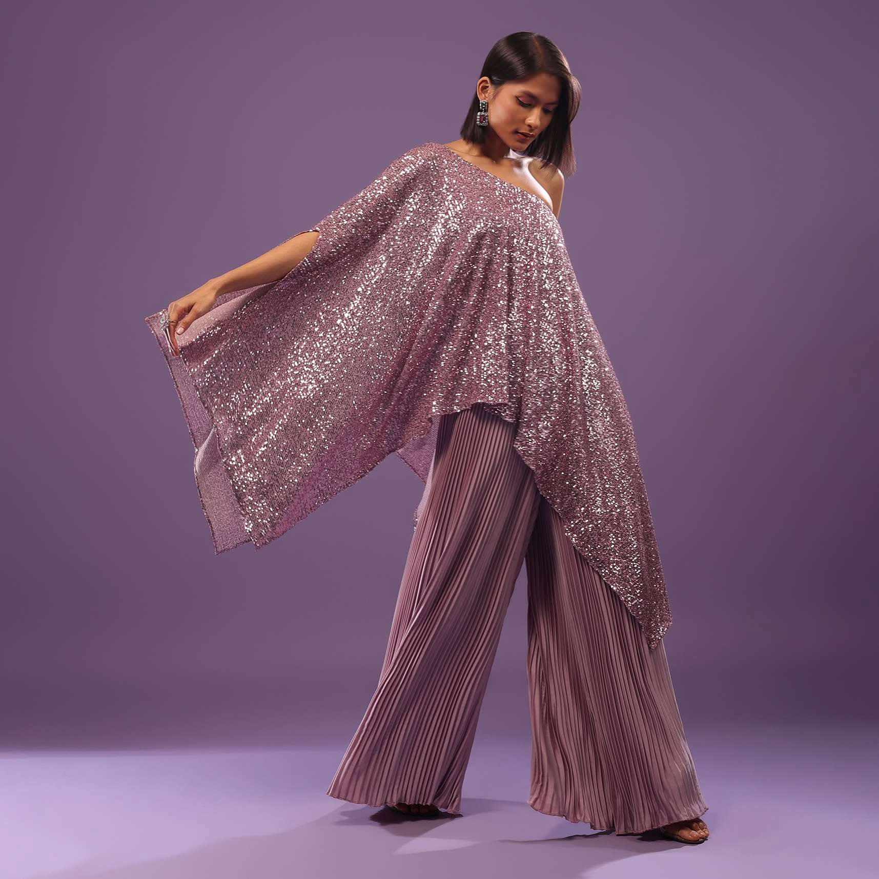 Lilac Purple Palazzo Top Set In Sequins And Pleated Satin - Image 2