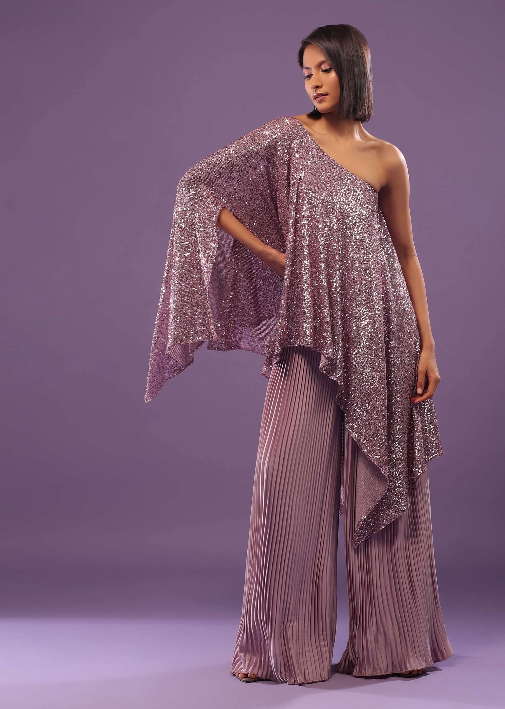 Lilac Purple Palazzo Top Set In Sequins And Pleated Satin - Image 3