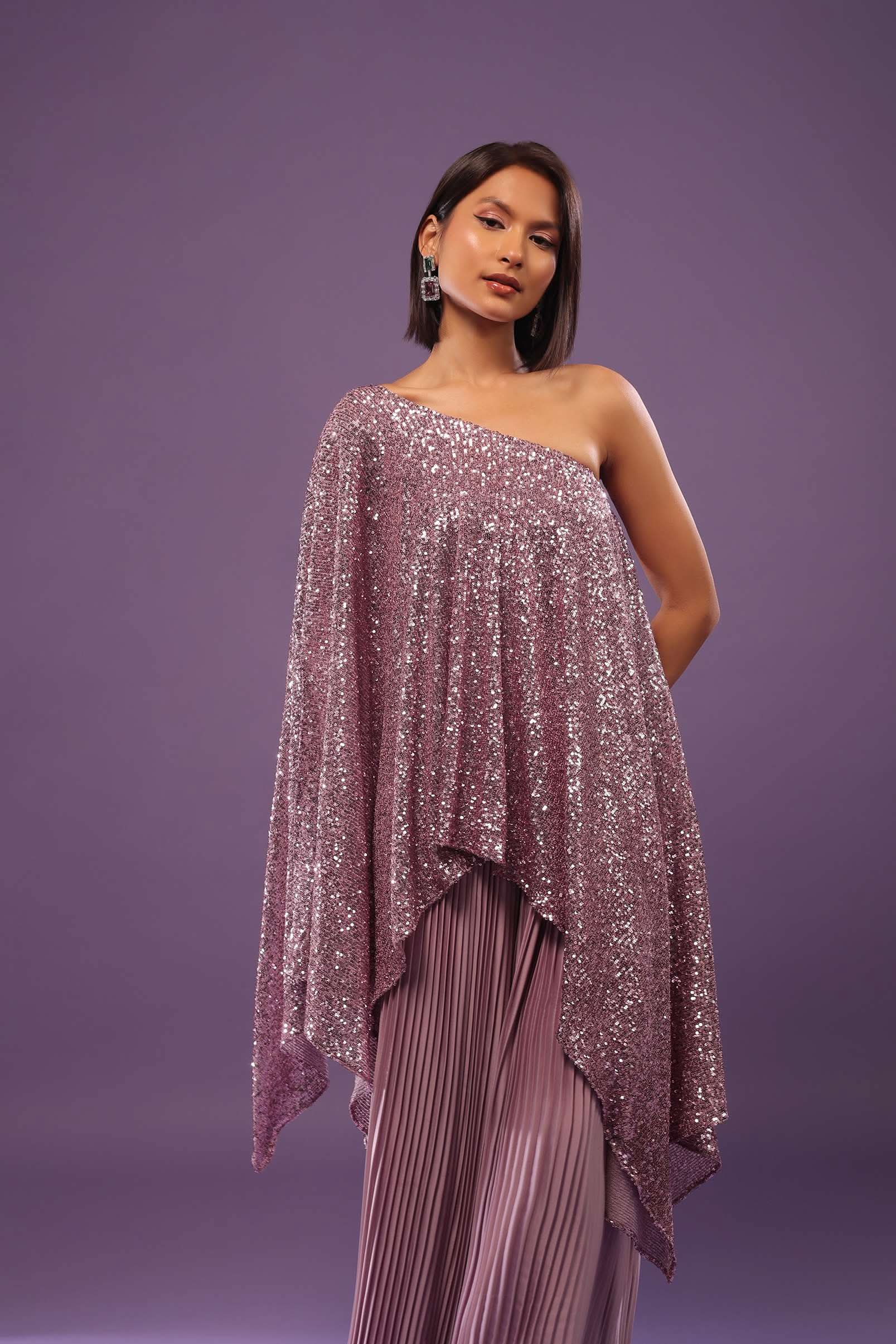 Lilac Purple Palazzo Top Set In Sequins And Pleated Satin - Image 4