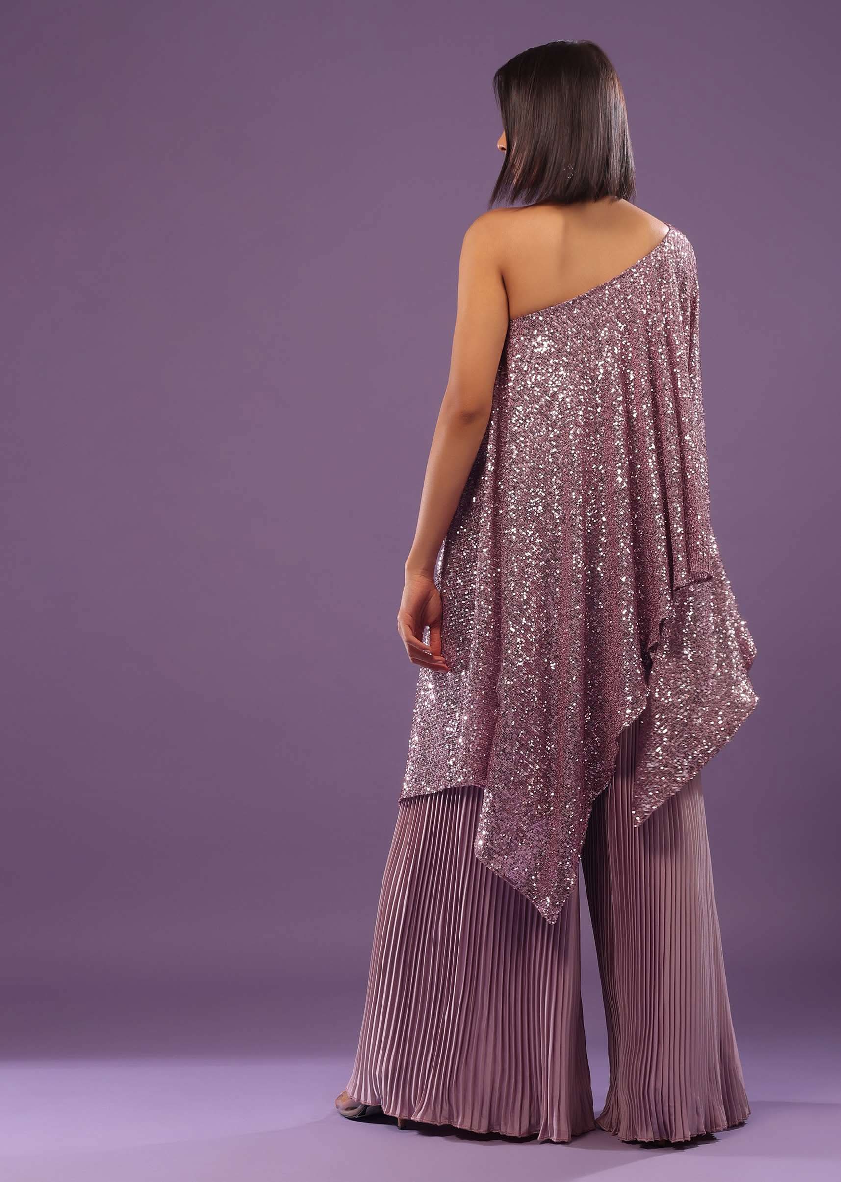 Lilac Purple Palazzo Top Set In Sequins And Pleated Satin - Image 7