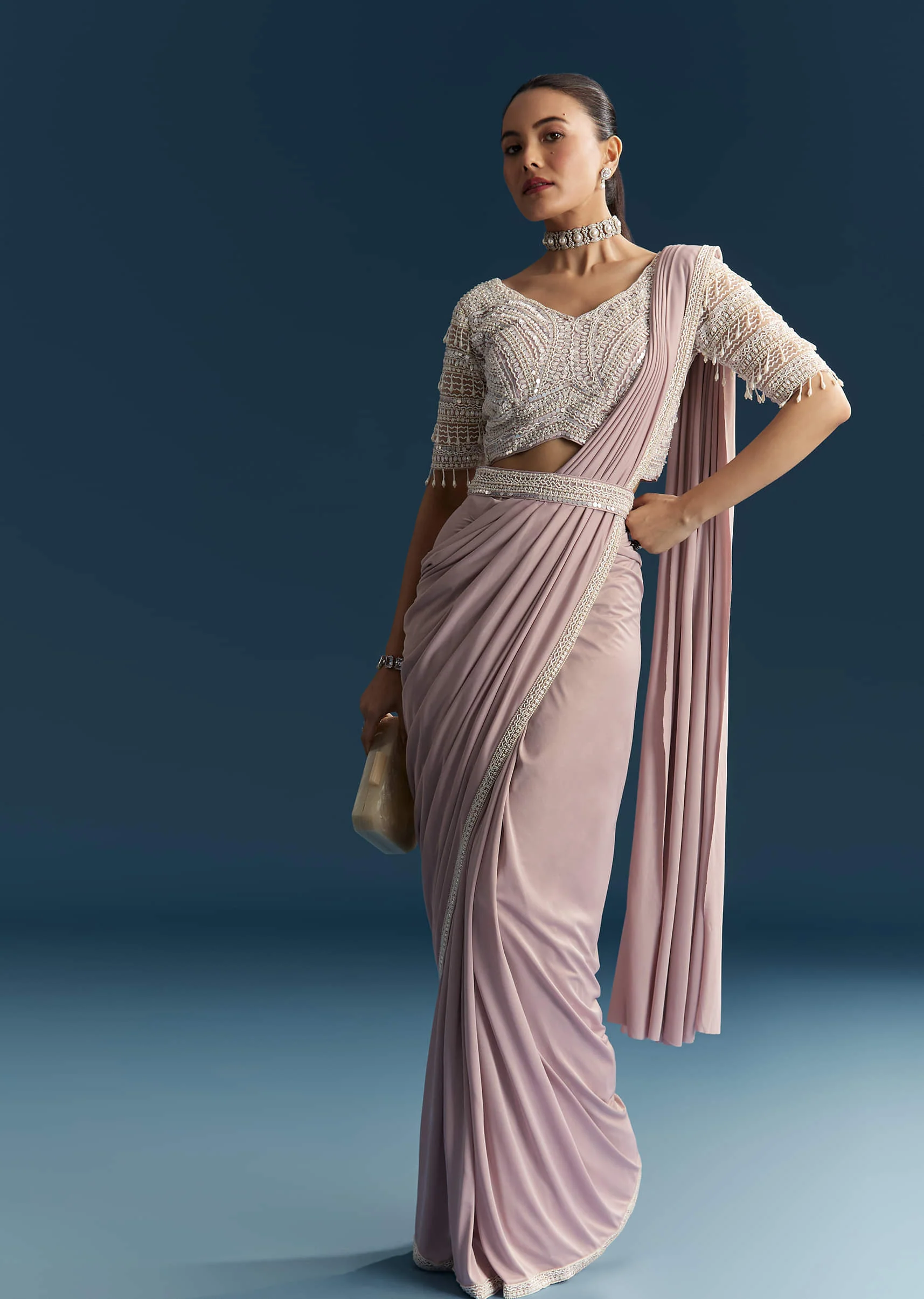 Lilac Ready Pleated Saree With Sequins And Moti Work - Image 4