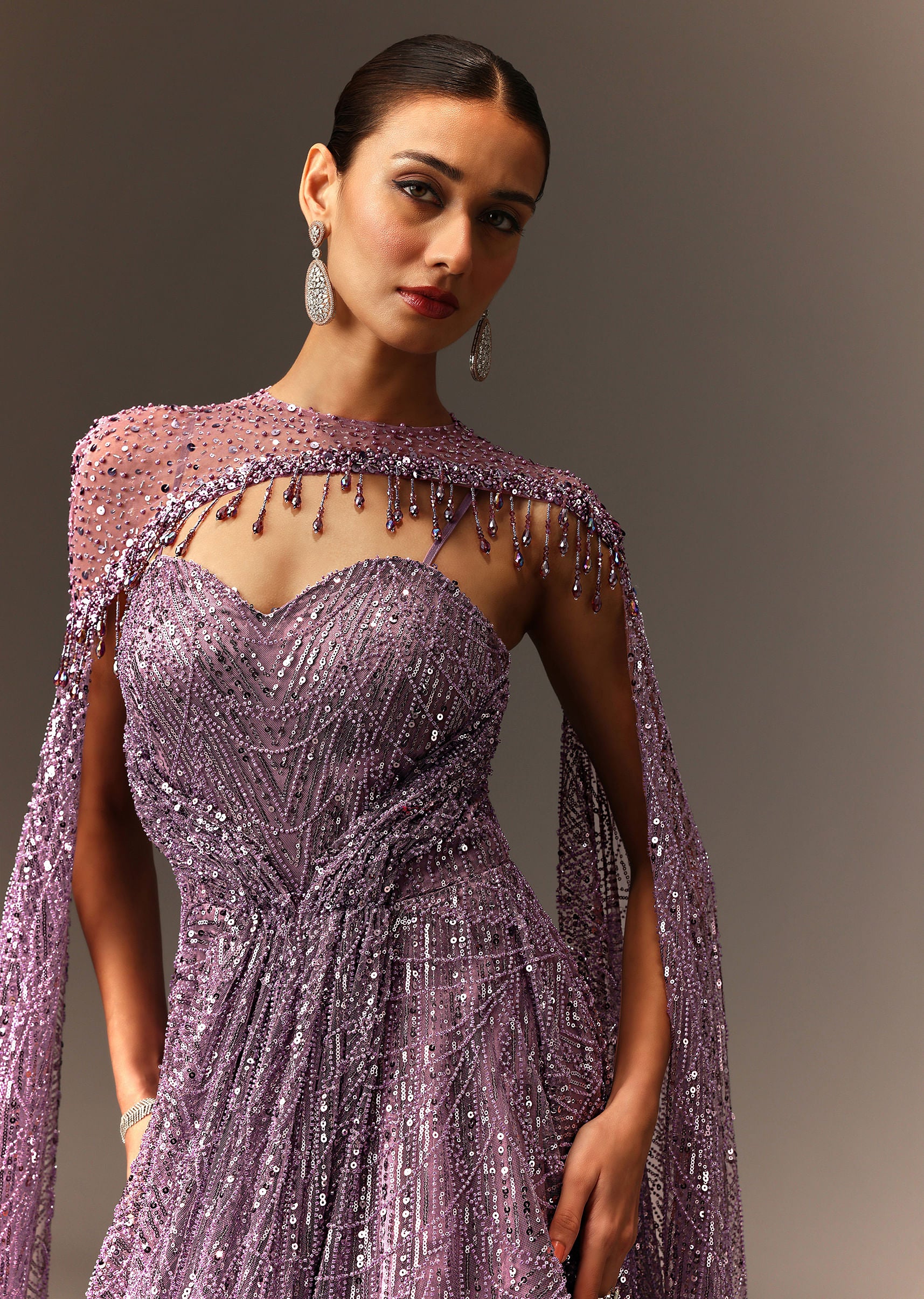 Lilac Sequin Gown With Attached Cheeta Work Cape Sleeves - Image 2