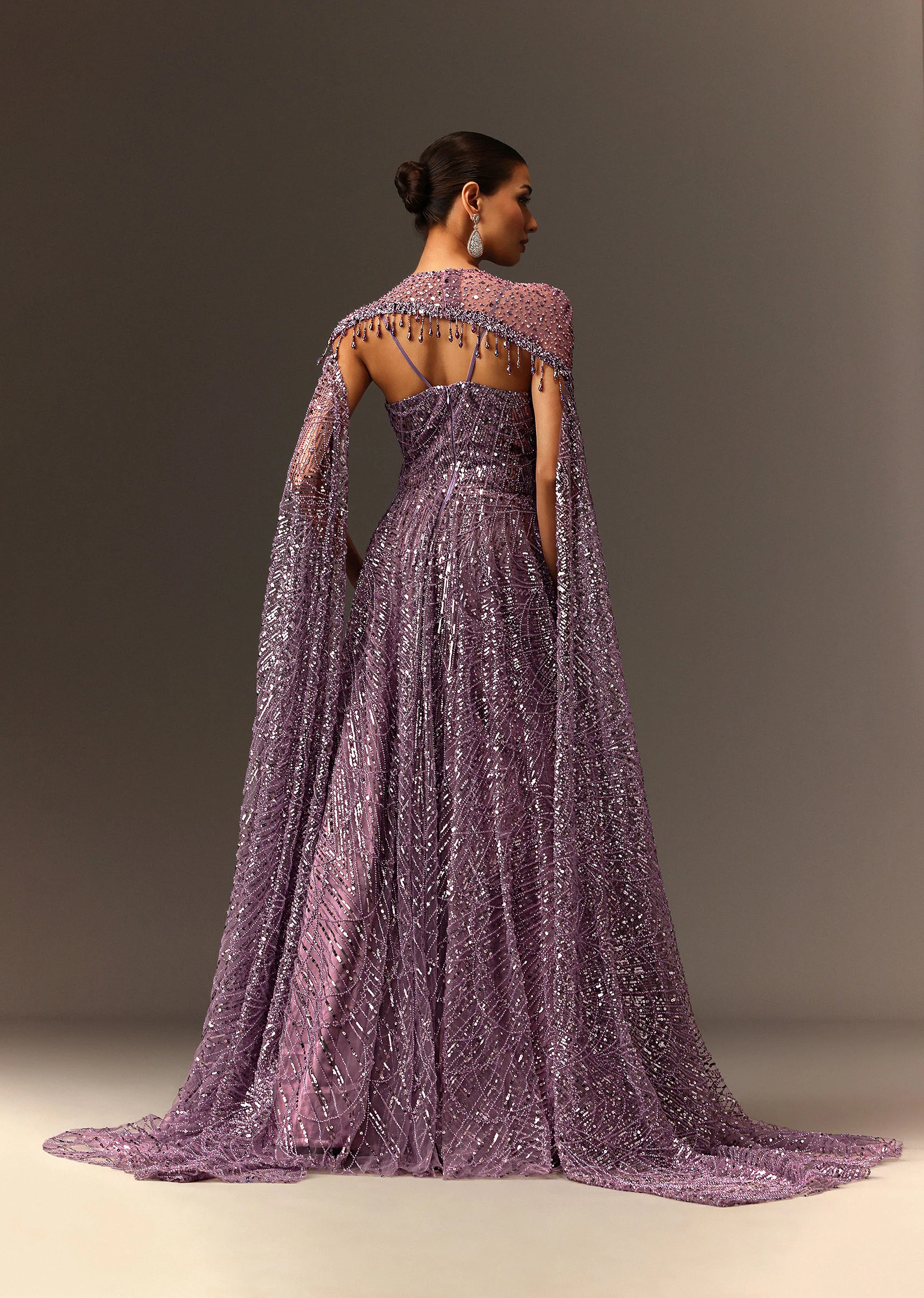 Lilac Sequin Gown With Attached Cheeta Work Cape Sleeves - Image 6