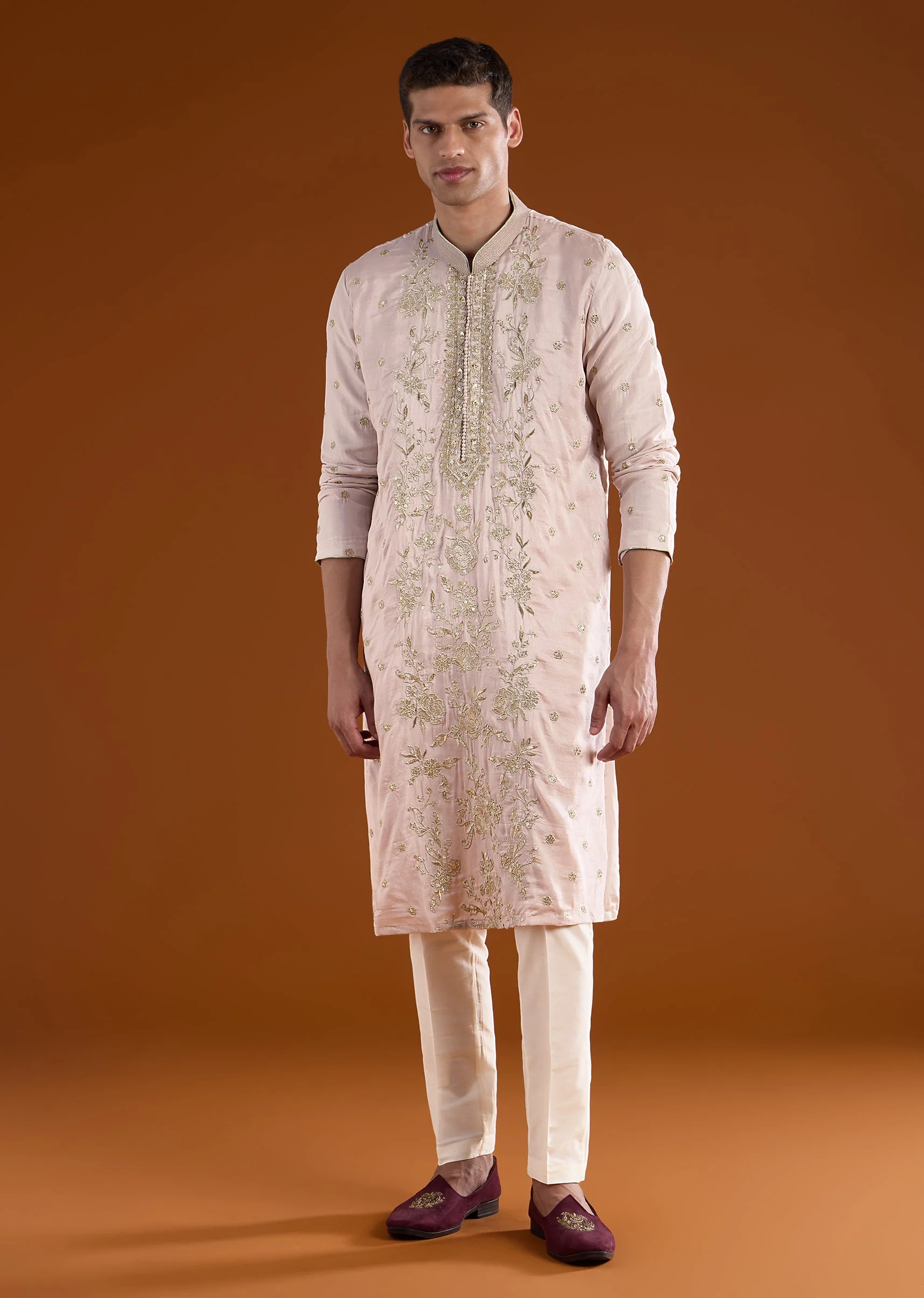 Lilac Silk Kurta Set With All Over Hand Embroidery - Image 3