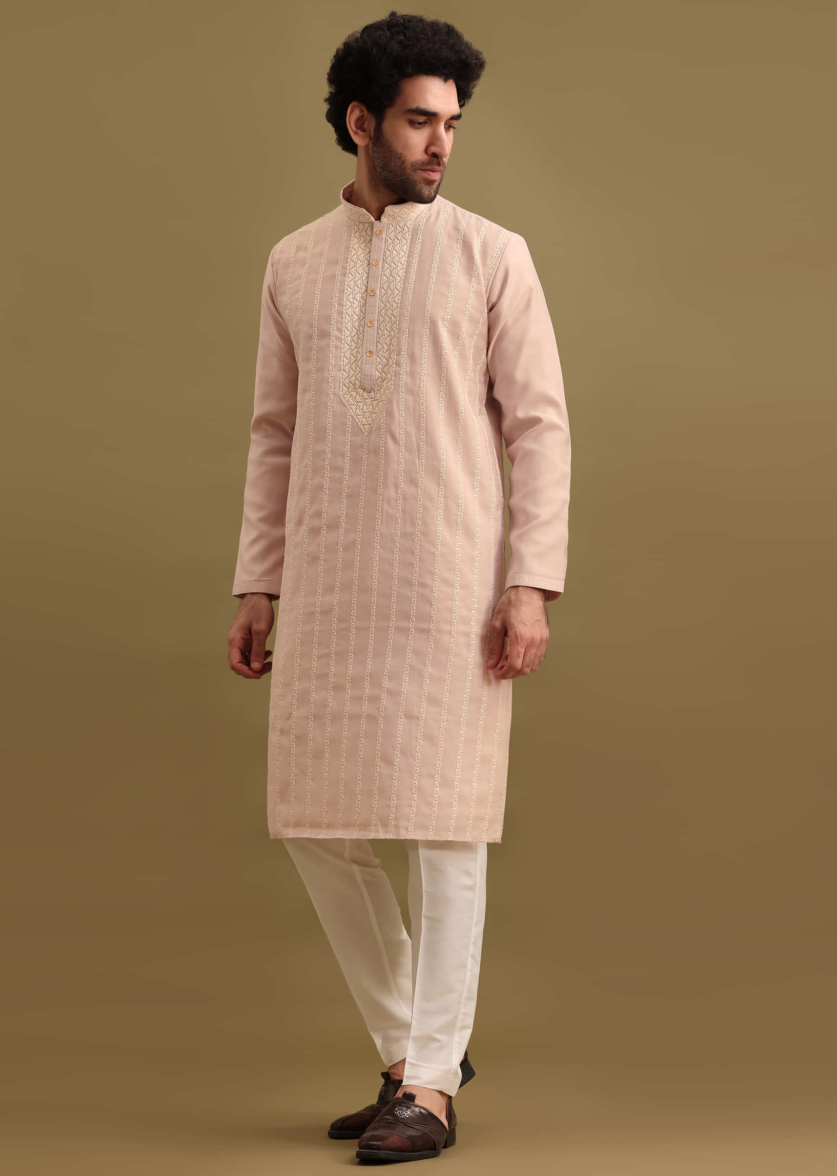 Lilac Silk Kurta Set With Resham Work For Men - Image 3