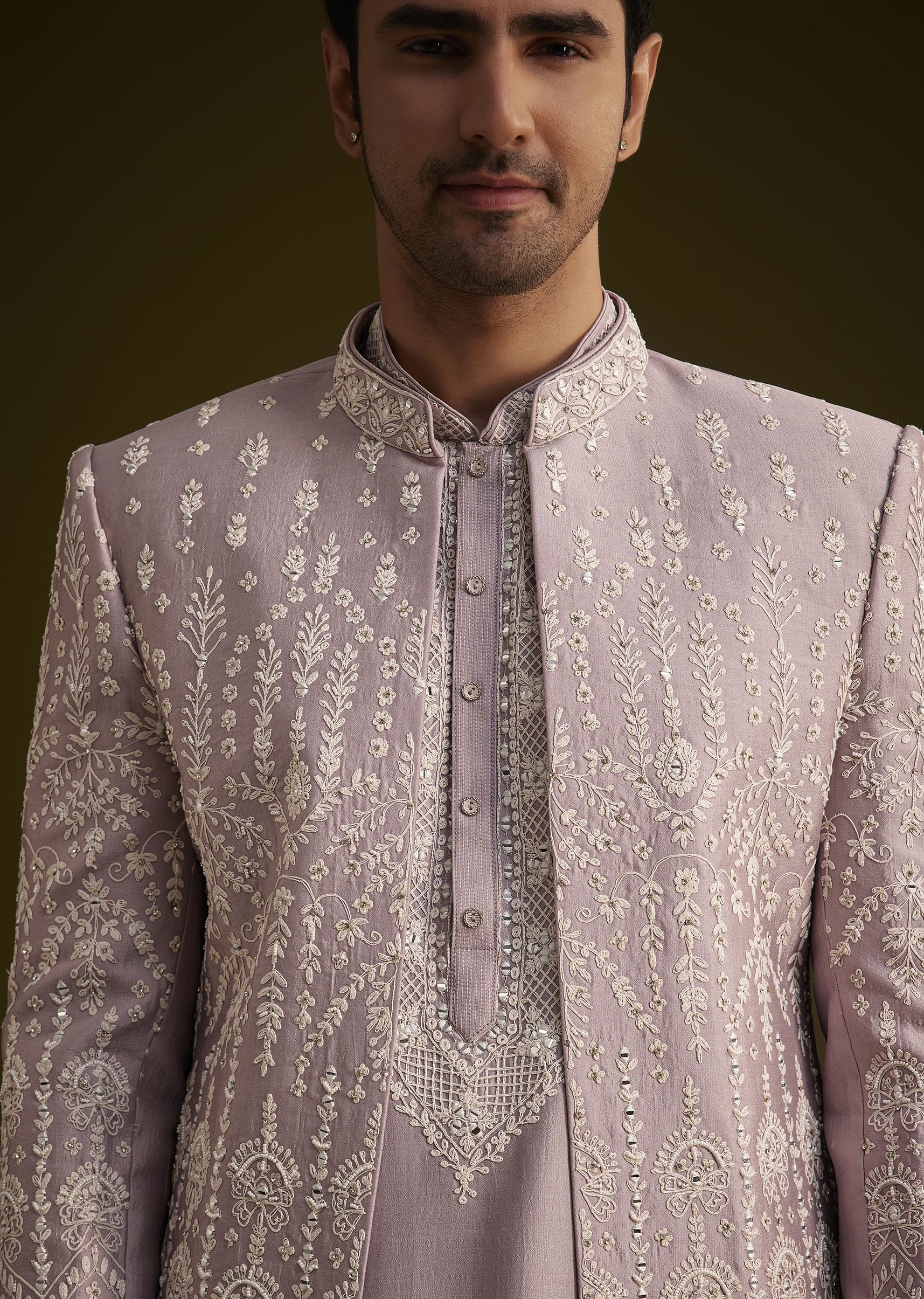 Lilac Silk Sherwani Set With Thread And Stone Work - Image 2