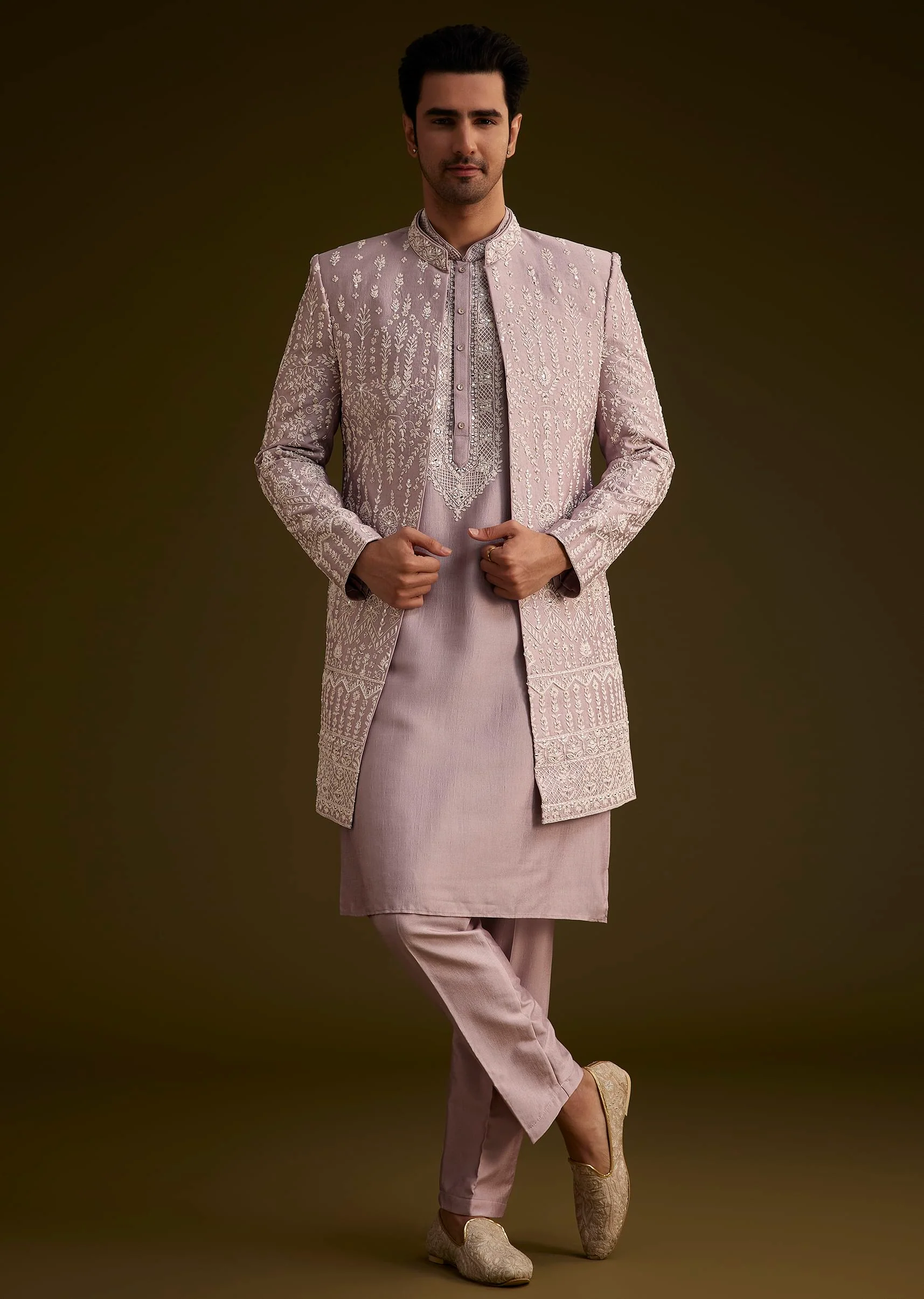 Lilac Silk Sherwani Set With Thread And Stone Work - Image 3