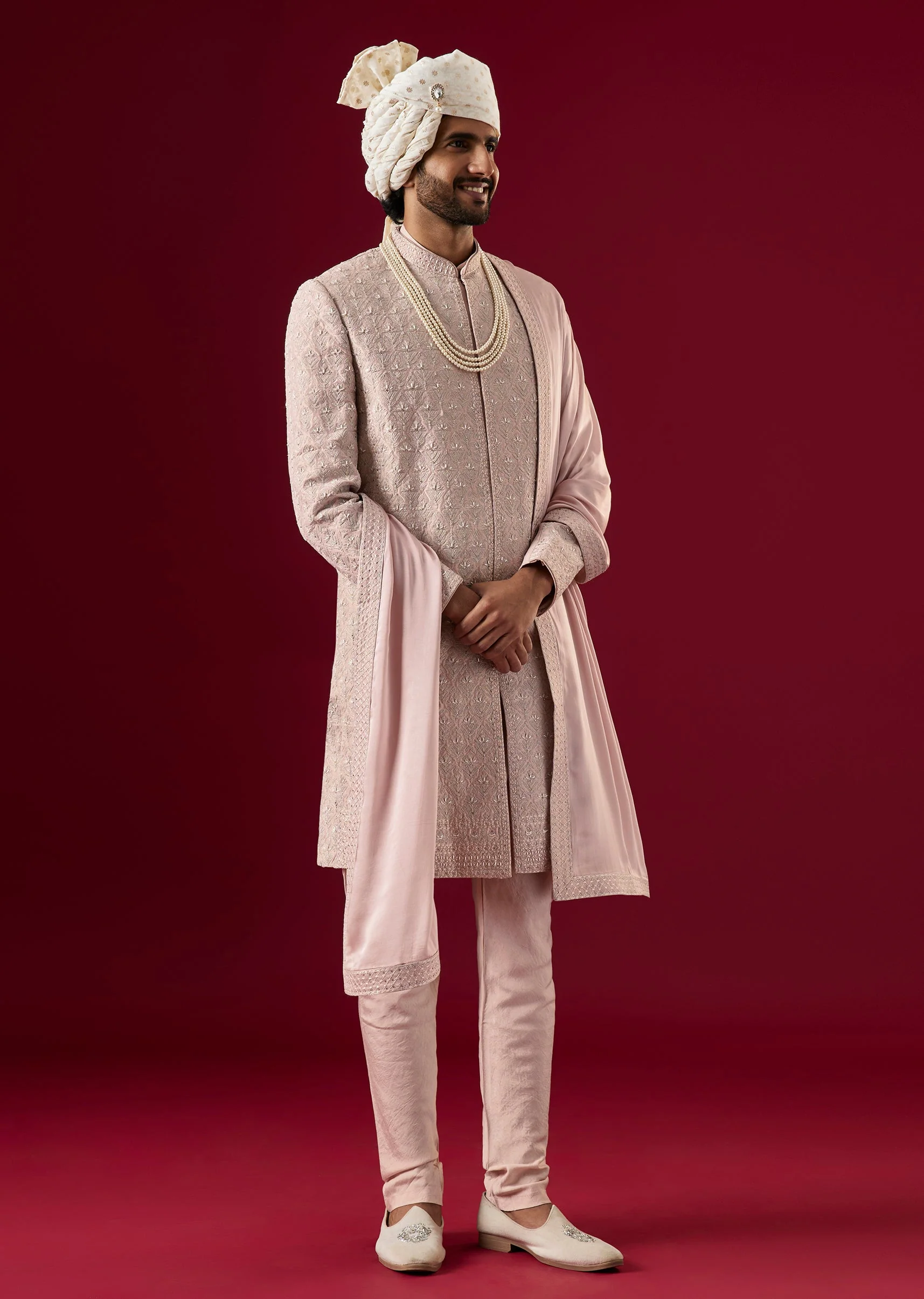Lilac Silk Sherwani Set With Zari Work - Image 3