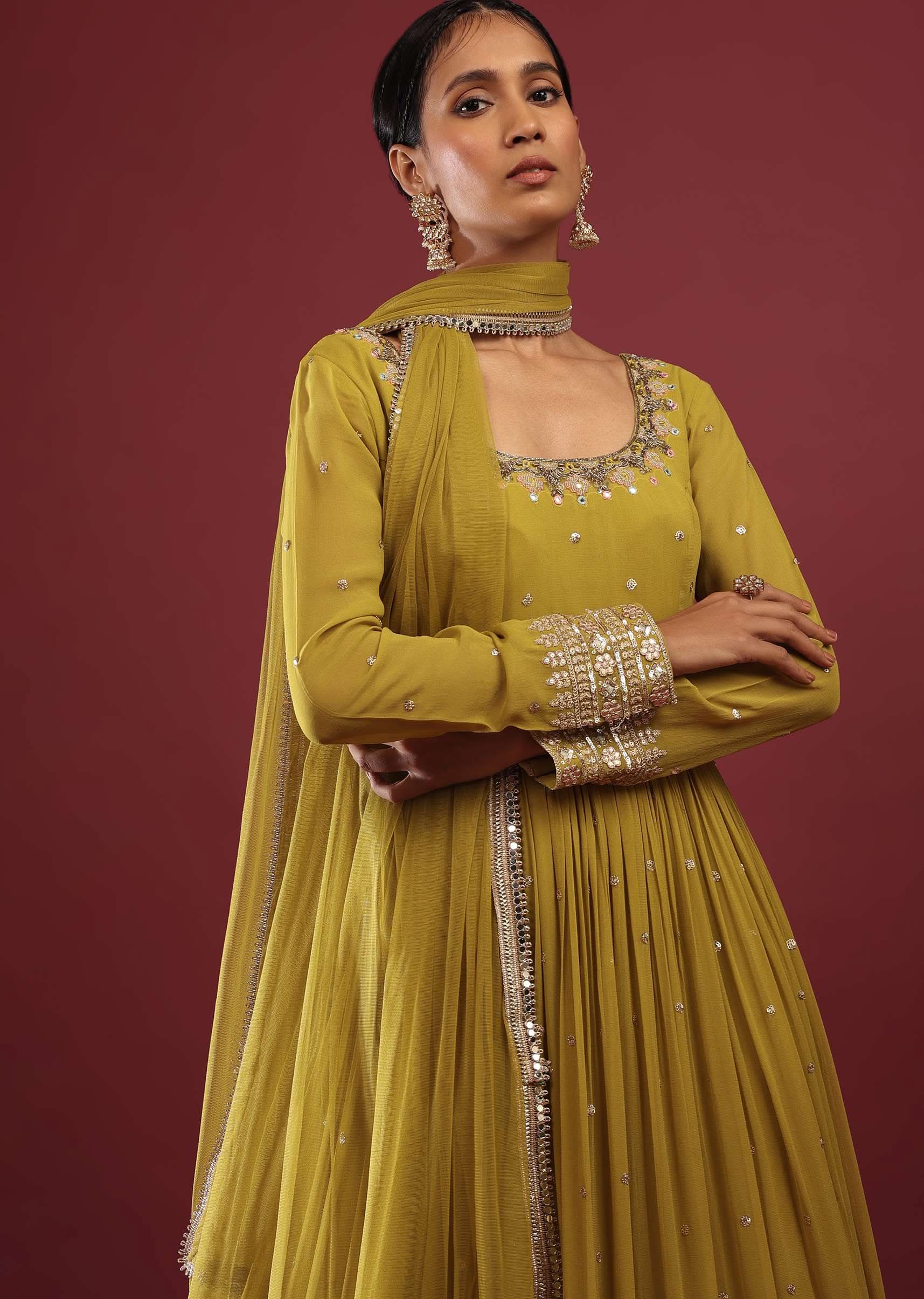 Lime Green Anarkali Suit In Georgette With Multicolored Resham And Zari Embroidered Mughal Design - Image 2