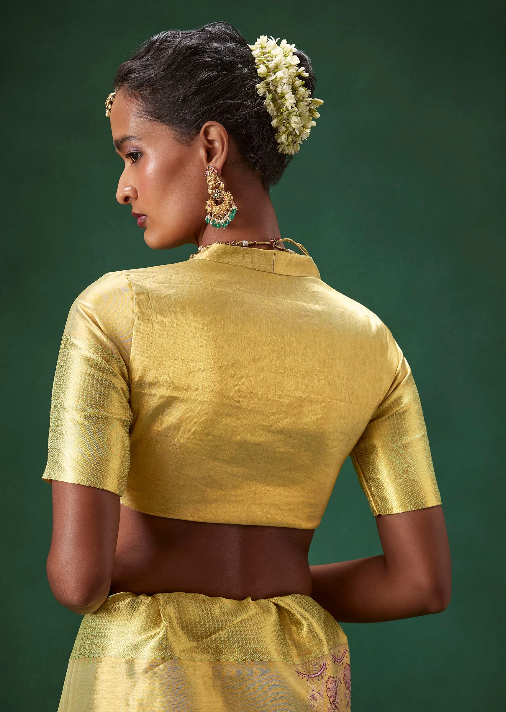 Lime Green Bridal Kanjivaram Silk Saree with Unstitched Blouse - Image 8