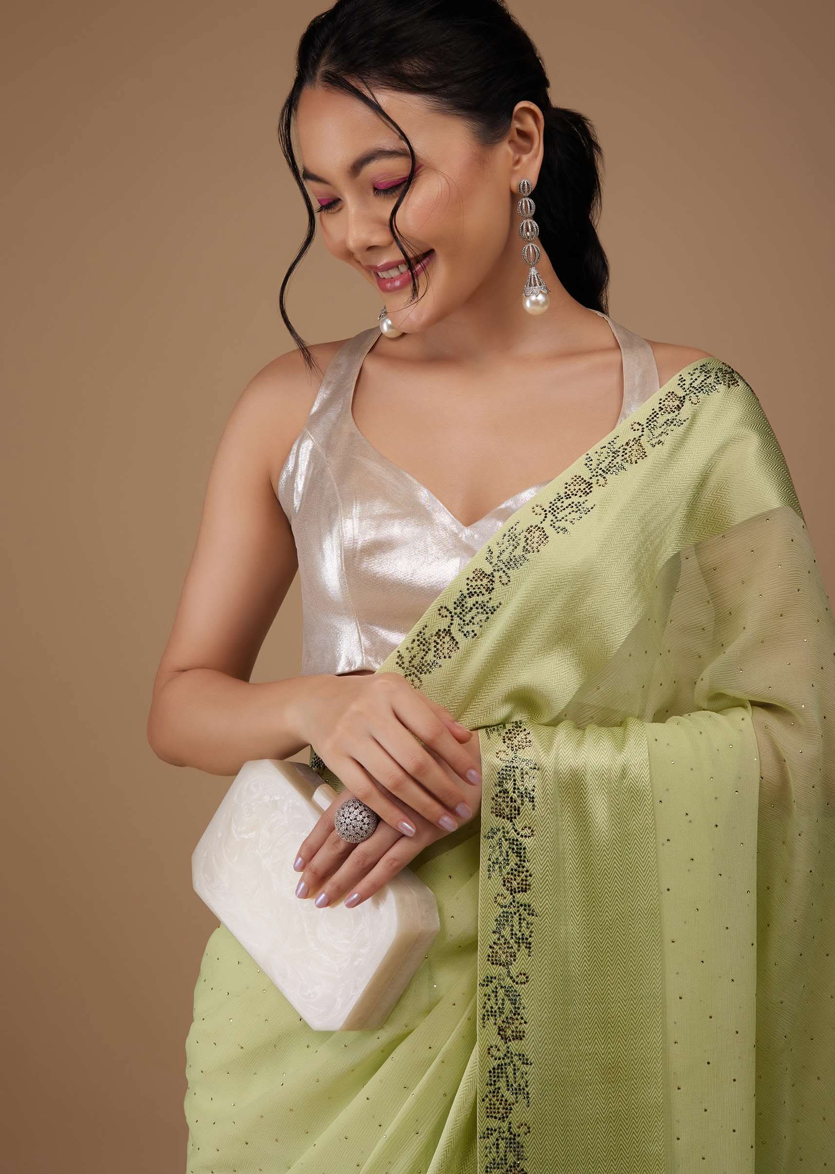 Lime Green Chiffon Saree With Stone Embellishments And Satin Border - Image 5