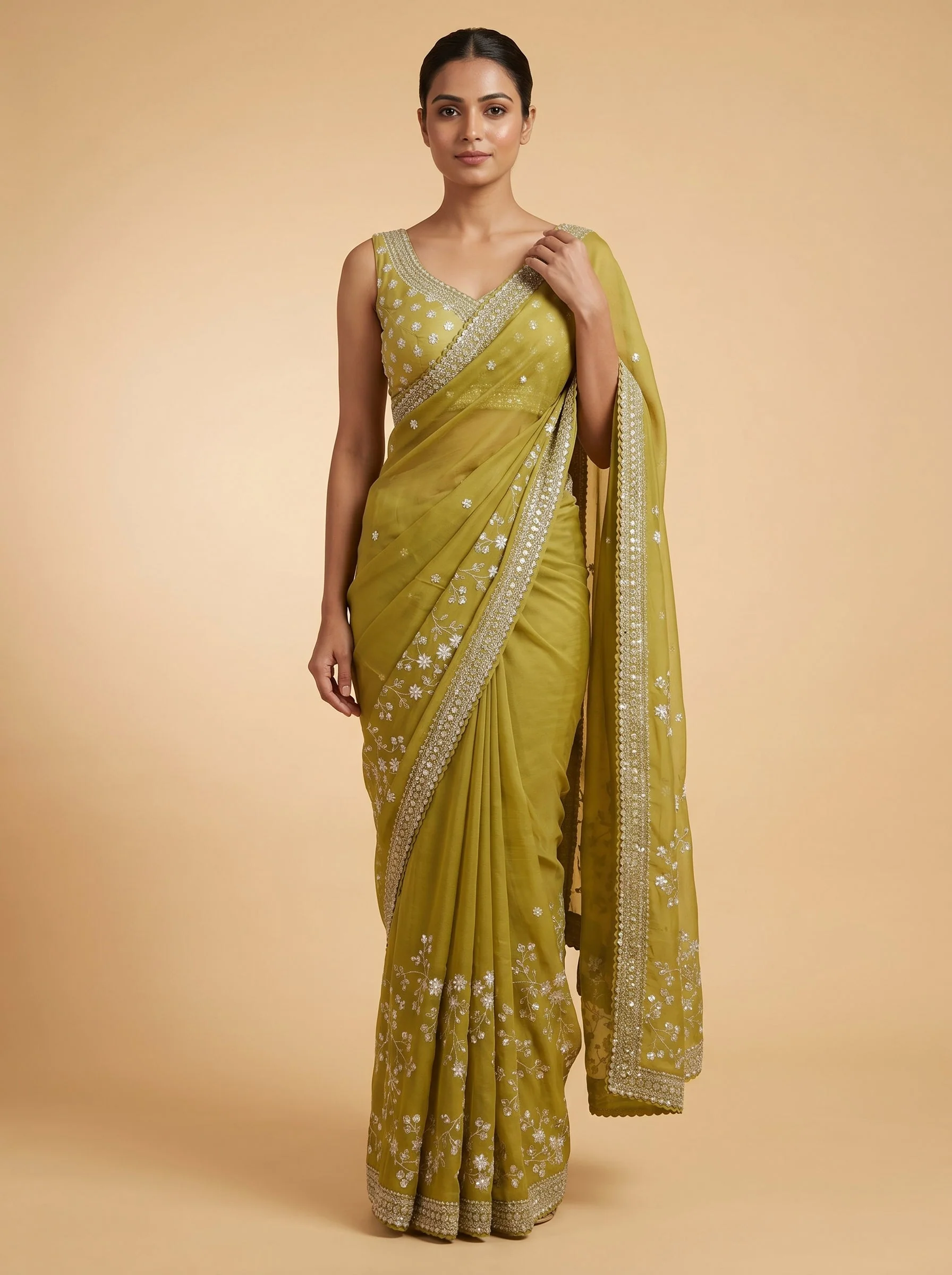 Lime Green Citrus Fresh Embroidered Saree