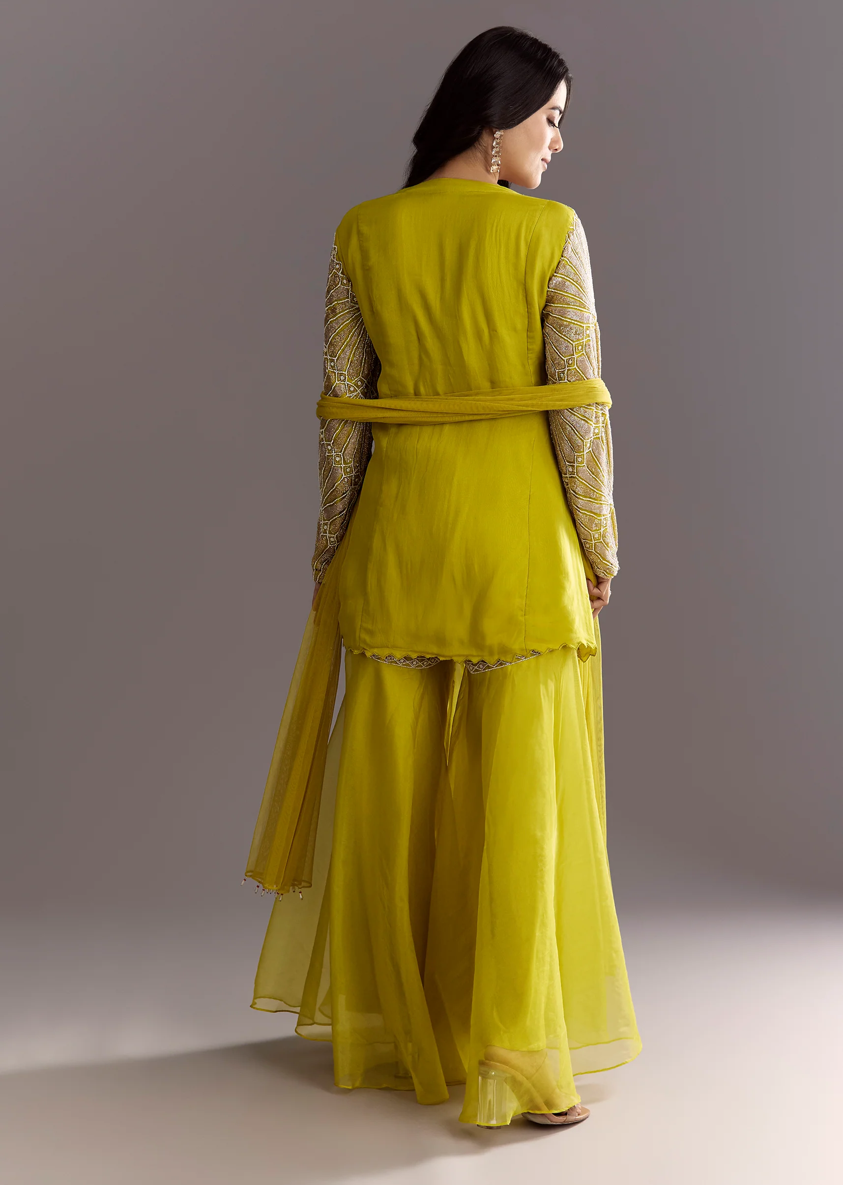 Lime Green Cutdana And Moti Work Kurta With Organza Sharara - Image 5